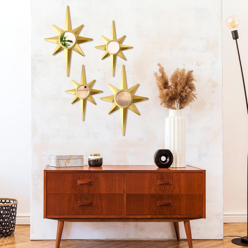 Mid Century Atomic Star Gold Metal Wall Mirror Set for Home Office