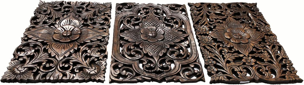 Set of 3. Wall Art Wood Carved Panel Floral Design. Tropical Wall Decor in Size 12"x17.5"x0.5" (Dark Brown)