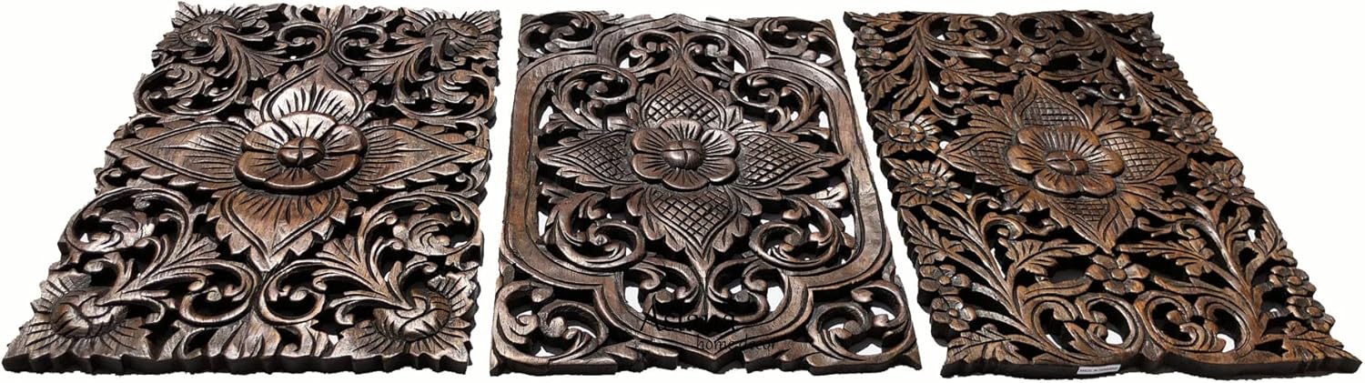 Set of 3. Wall Art Wood Carved Panel Floral Design. Tropical Wall Decor in Size 12"x17.5"x0.5" (Dark Brown)