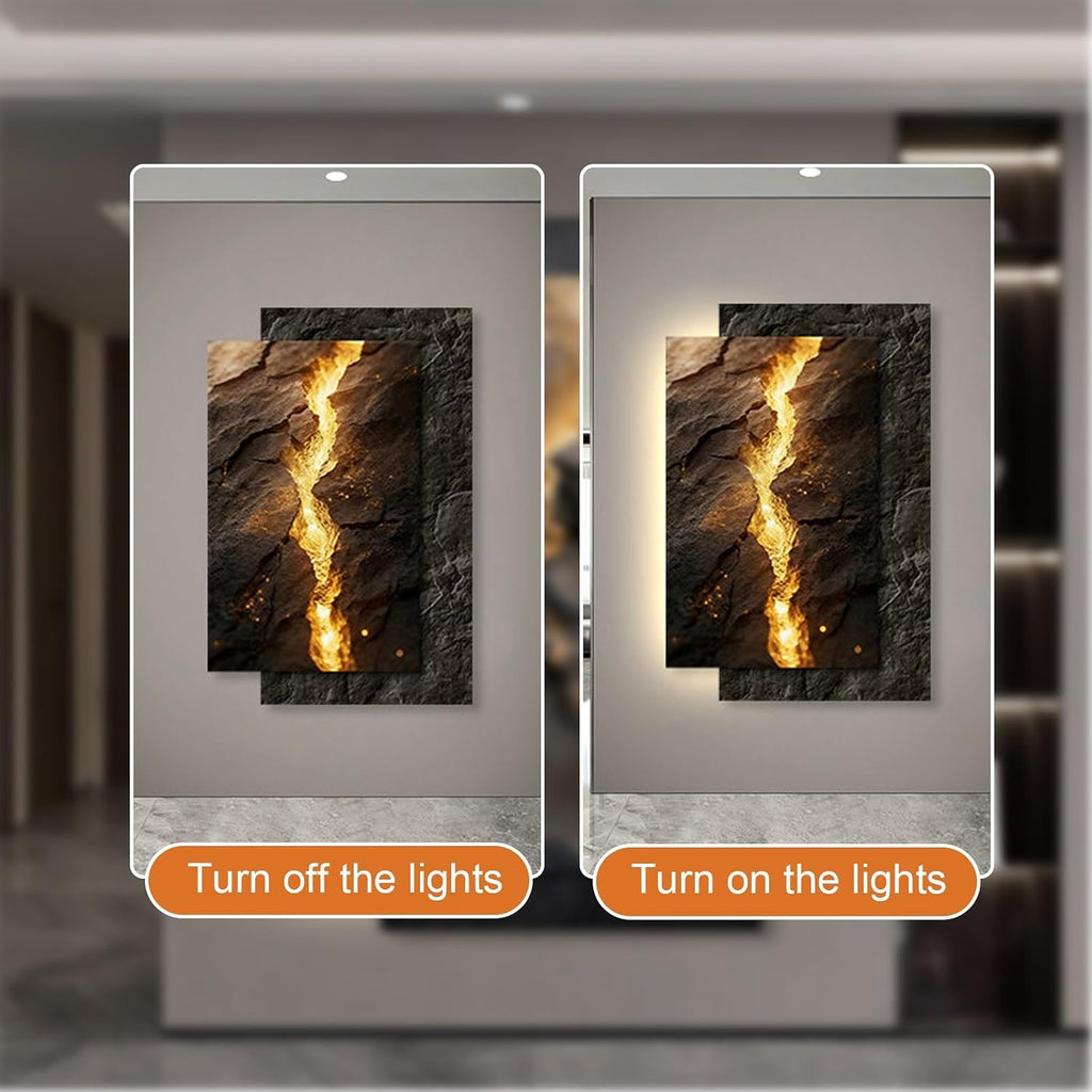 SFJATTA Modern Wall Art with Remote Control, UV Carved Crystal Porcelain Decorative Painting with Warm LED Light, Gold Flow Texture Landscape Wall Decor for Living Room Bedroom(Gray,31.5 * 18.9in)