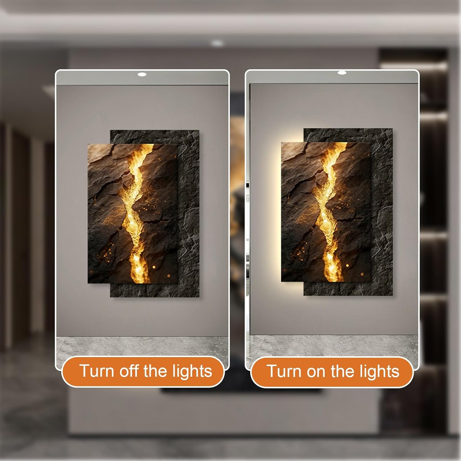 SFJATTA Modern Wall Art with Remote Control, UV Carved Crystal Porcelain Decorative Painting with Warm LED Light, Gold Flow Texture Landscape Wall Decor for Living Room Bedroom(Gray,31.5 * 18.9in)