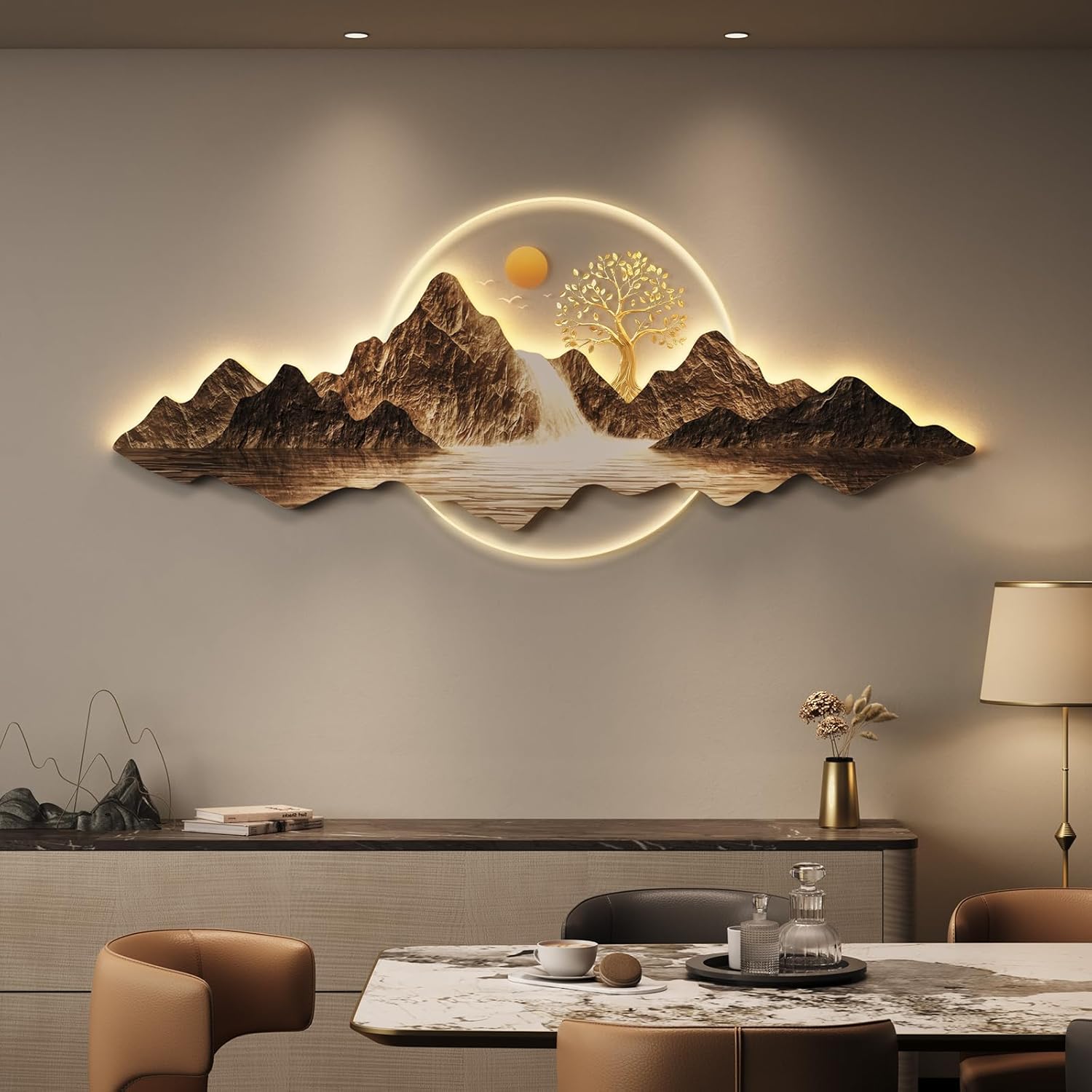 Troartos LED Wall Art Decor for Living Room, Large 3D Acrylic Modern Landscape Horizontal Artwork for Walls, Luxury Nature Painting Wall Decor for Hallway Dining Room Office