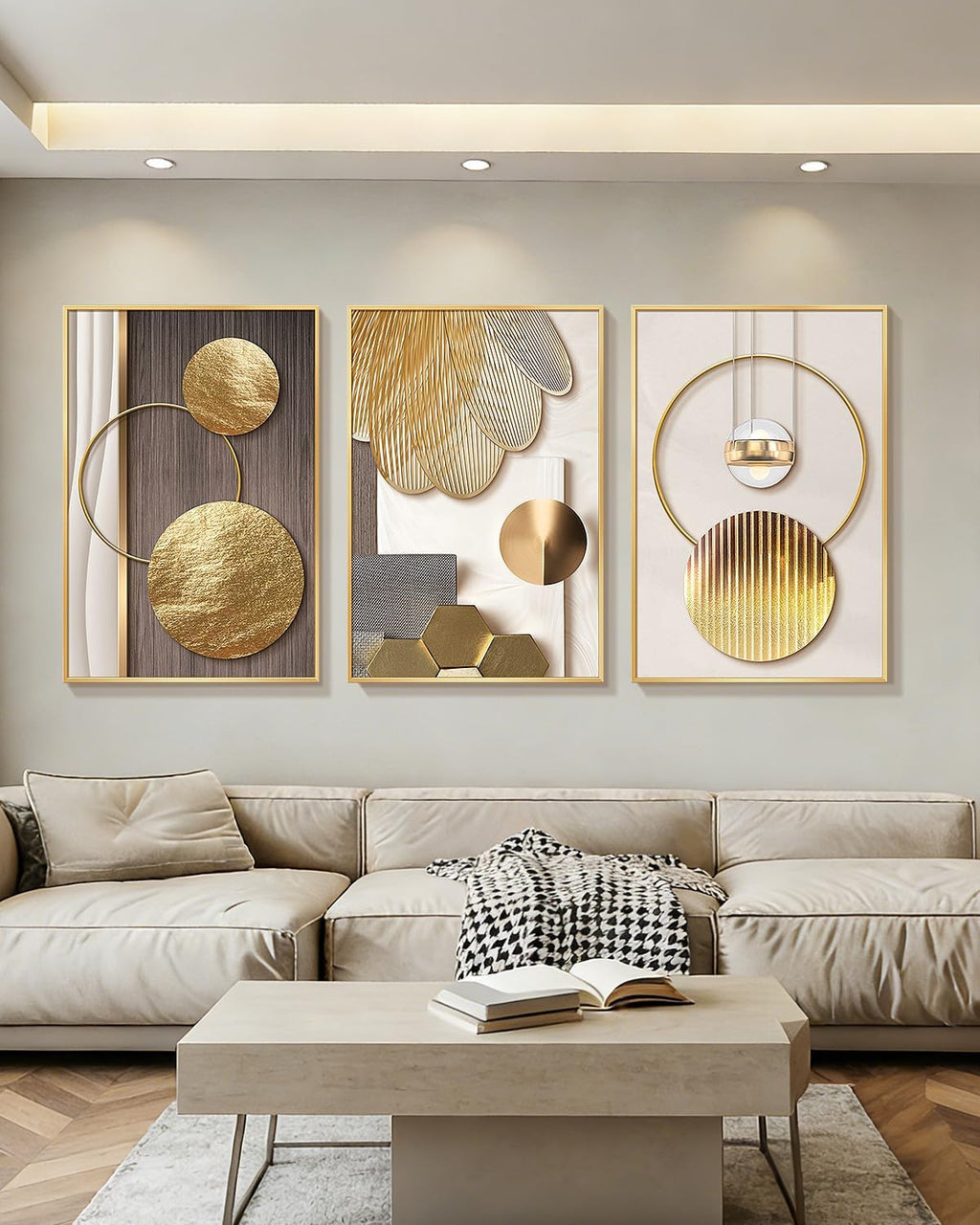 Azartslr Large Framed Modern Rose Gold Wall Art, Luxury 3 Pieces Aluminum Alloy Wall Decor for Living Room, Abstract Gold and Beige Home Bedroom Art Painting, Geometric Crystal Porcelain Artwork Dining Room Pictures Decoration 16x24in