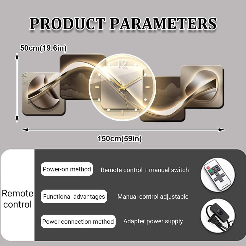 Modern Entrance 3D Wall Art Clock with Light,Crystal Porcelain Wall Art with Lights,Large 3D Creative Decorative Clock,for Office, Home, Bathroom, Kitchen, Bedroom(Silver 1,59 * 19.6in)