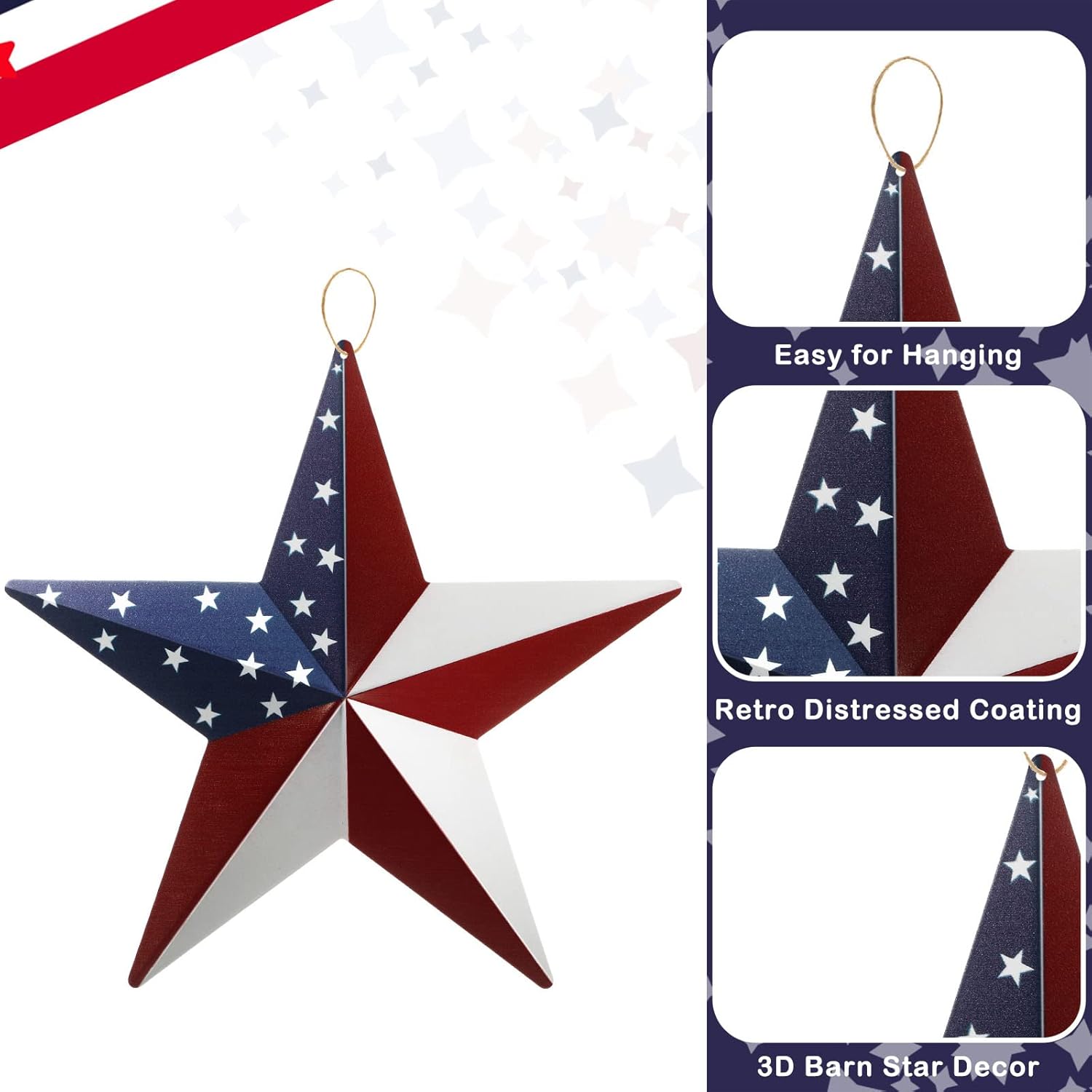 Funrous 3 Pcs Memorial Day Decorations Outdoor 12'' 8'' and 6'' Patriotic Metal Stars American Flag Stars 3D Wall Art Decor 4th of July Barn Star for Home Porch Yard