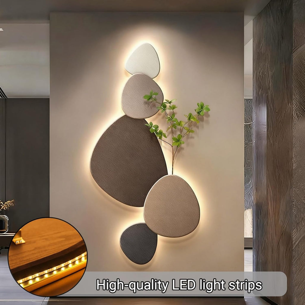 3D Crystal Porcelain Wall Art with LED Light, Entrance Decorative Painting with Faux Greenery, UV Carved Wall Art Sculpture for Living Room Hallway(Good Fortune A,50x100cm/19.7x39.4in)