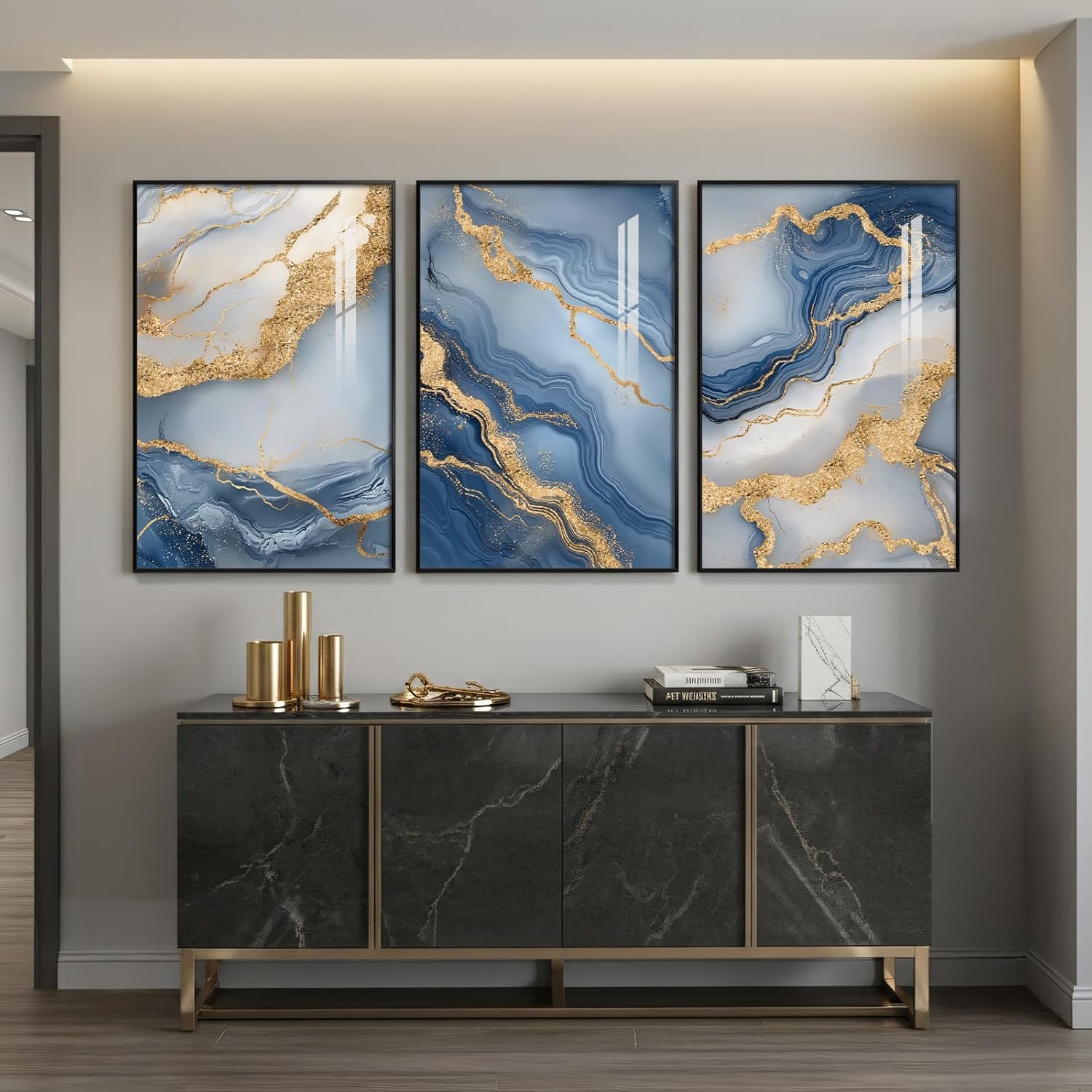Large Framed Abstract Wall Art for Living Room, Modern Luxury 3 Piece Blue Gold White Prints Paintings for Walls, Elegant Marble Pattern Pictures for Dining Bedroom Hallway Office Home Decor 24x36 In