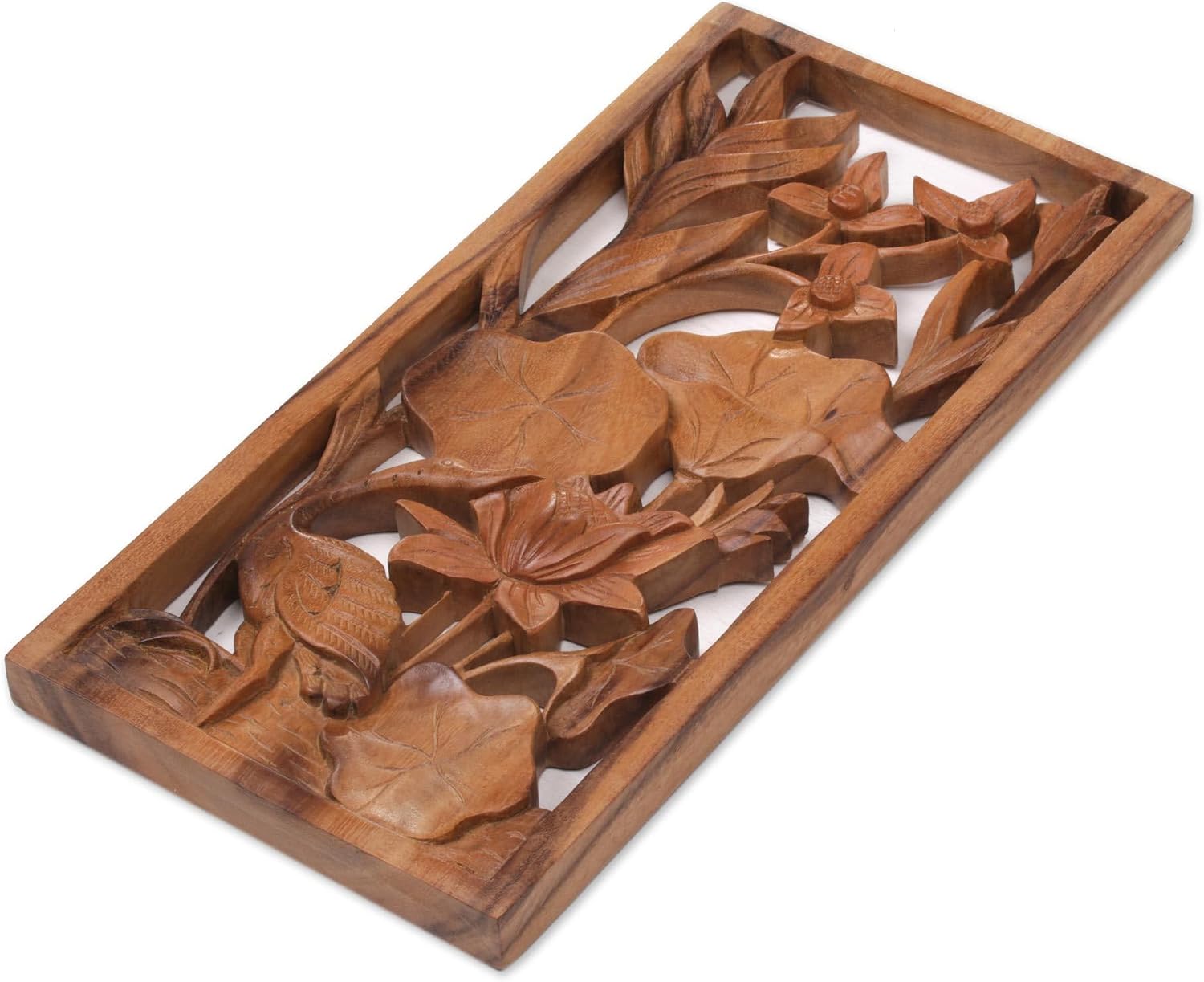 NOVICA Natural Wood Carved Relief Panel Heron and Flower Wall Sculpture, Heron Pond', Brown 7.50" x 15.25"