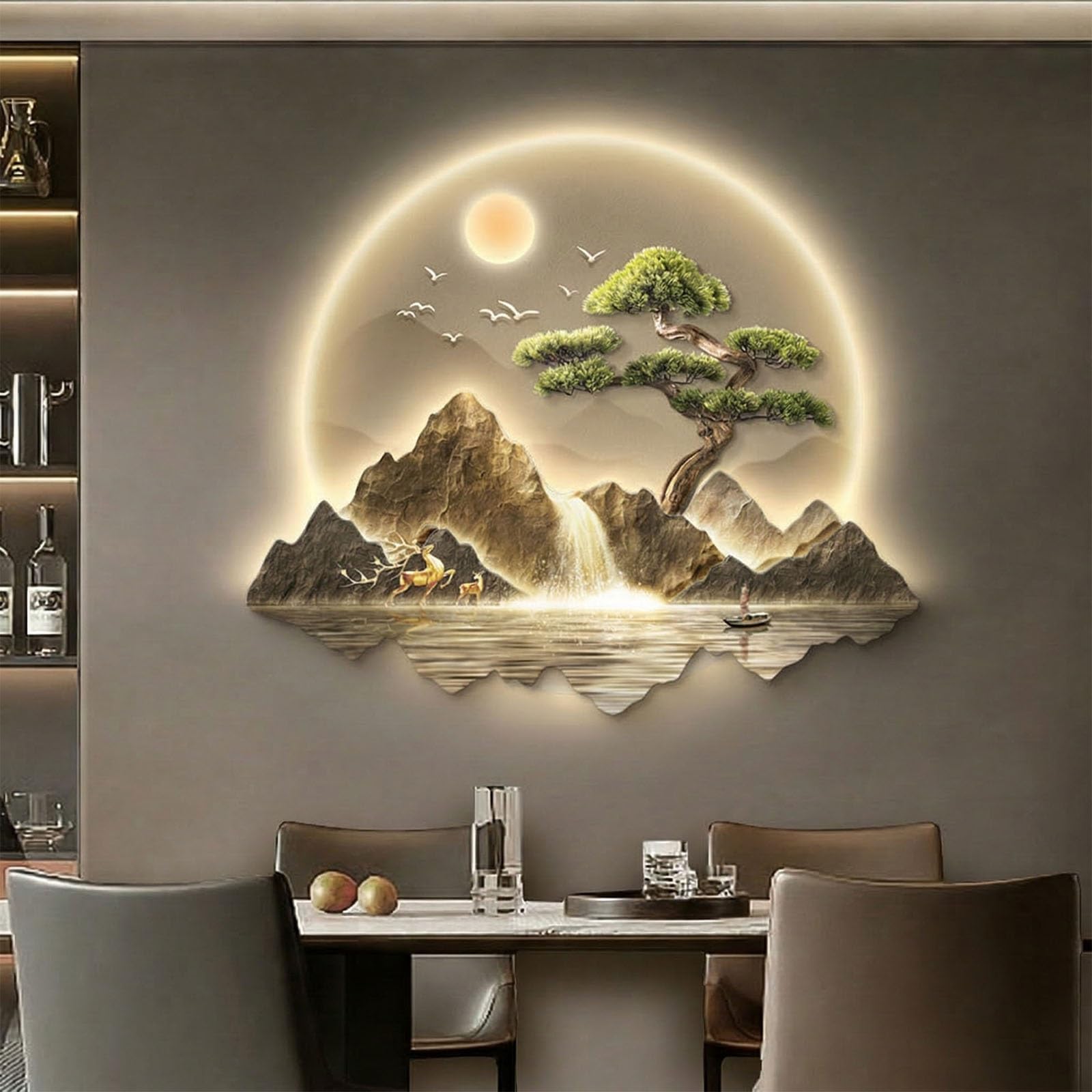 SHYJSGHZ Dimmable 3D LED Wall Art Decor, Golden Money Tree & Mountain Landscape Wall Sculpture, Modern Lighted Picture for Living Room, Entryway, Foyer(F,29.5x25.6in)