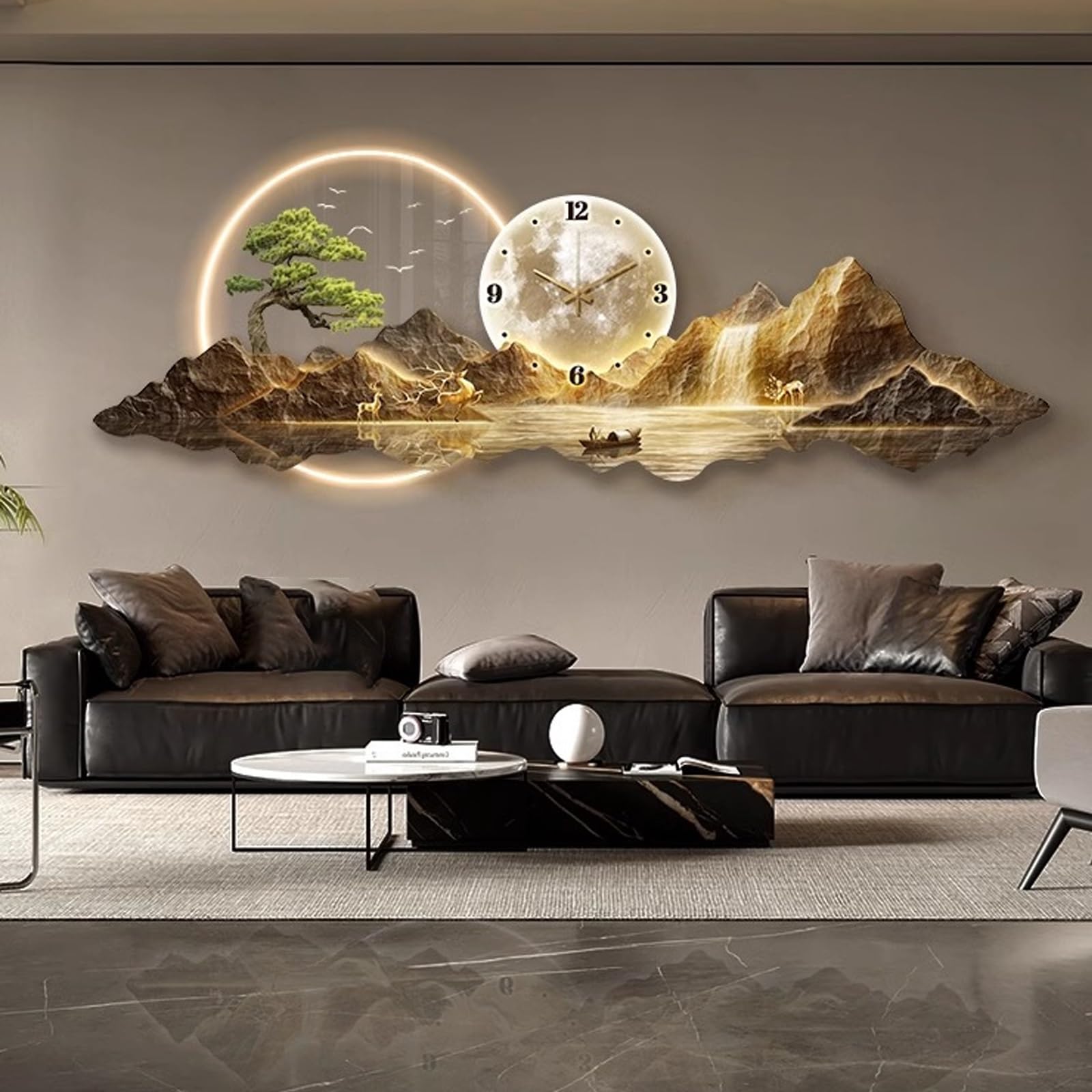 3D Wall Art Clock Decor with LED Light,Plug-in Power Illuminated Mountain Landscape Wall Decorative,Fake Tree Moon,Acrylic Crystal Porcelain Craft for Living Room(D,35 * 100CM/13.8 * 39.7IN)