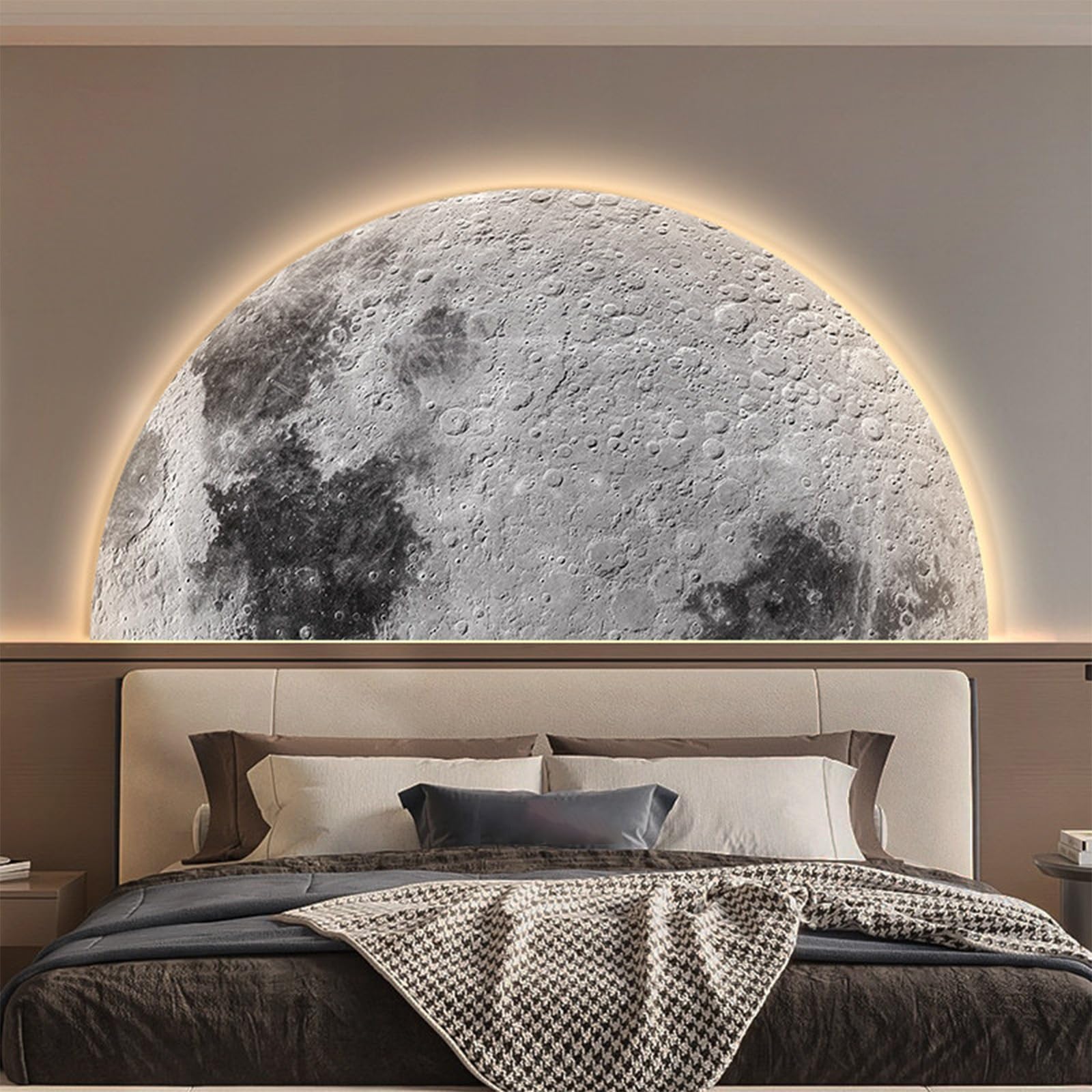 TeHWiEEphs Modern 3D Textured Moon Round 3D LED Wall Art with Remote Control Dimmable Lighting, Elegant Crystal Porcelain Decor for Living Room, Bedroom, Entryway & Accent Walls(S,47.24x23.62in)