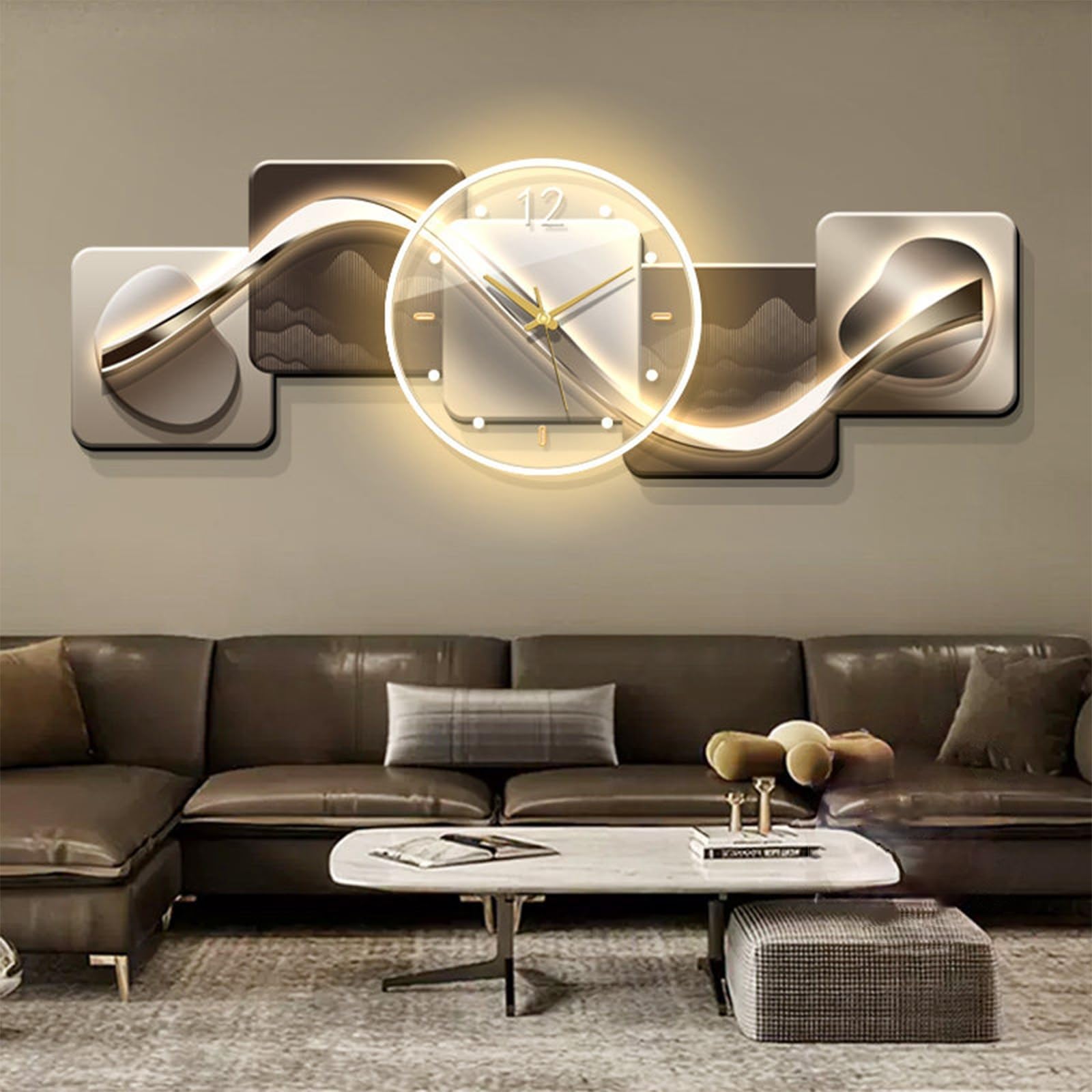Modern Entrance 3D Wall Art Clock with Light,Crystal Porcelain Wall Art with Lights,Large 3D Creative Decorative Clock,for Office, Home, Bathroom, Kitchen, Bedroom(Silver 1,59 * 19.6in)