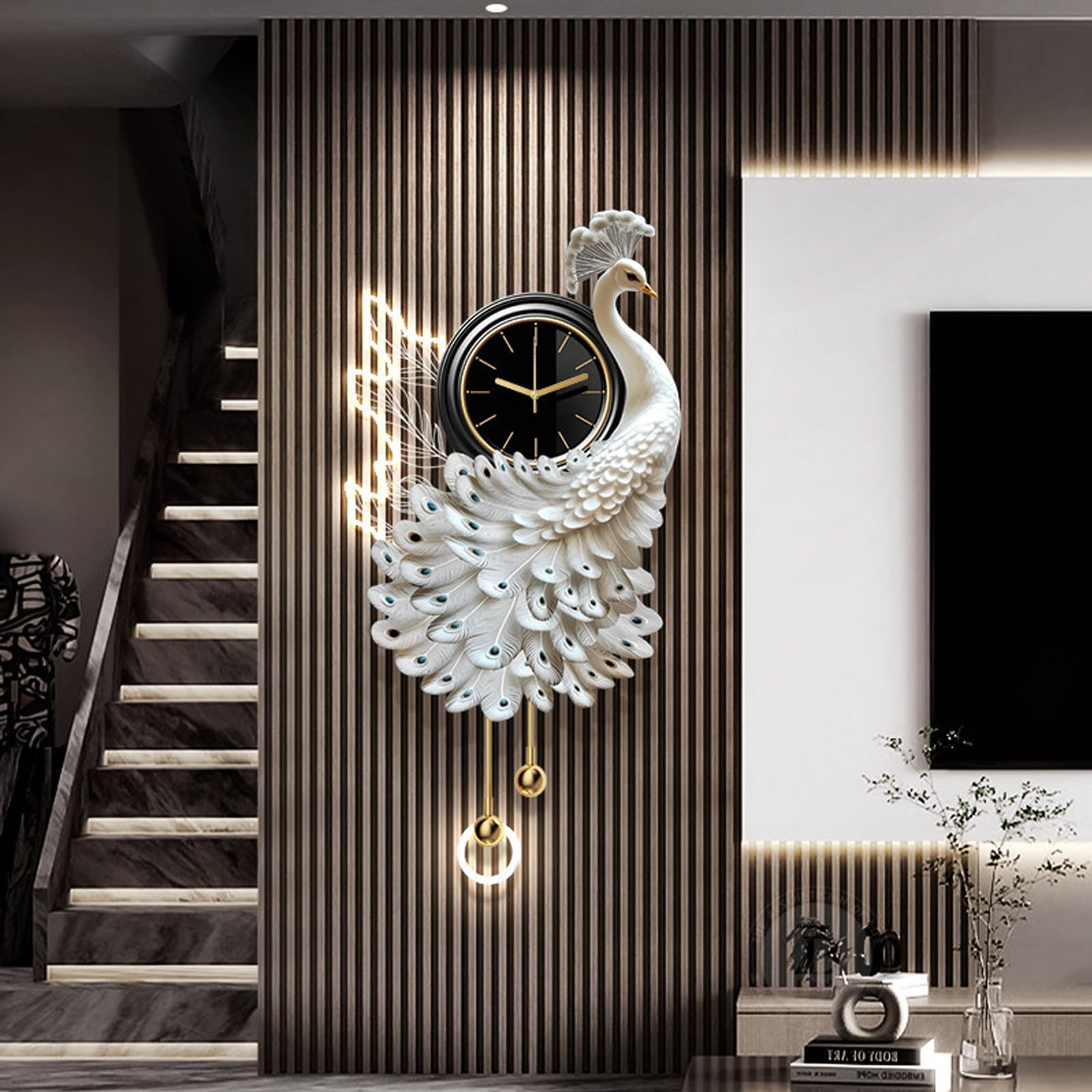 3D Peacock-Shaped Entryway Decorative Wall Clock with LED Light,Creative Wall Hanging Painting Modern,Silent Non Ticking,for Living Room Bedroom Dining Room(White A,19.7 * 39.4")
