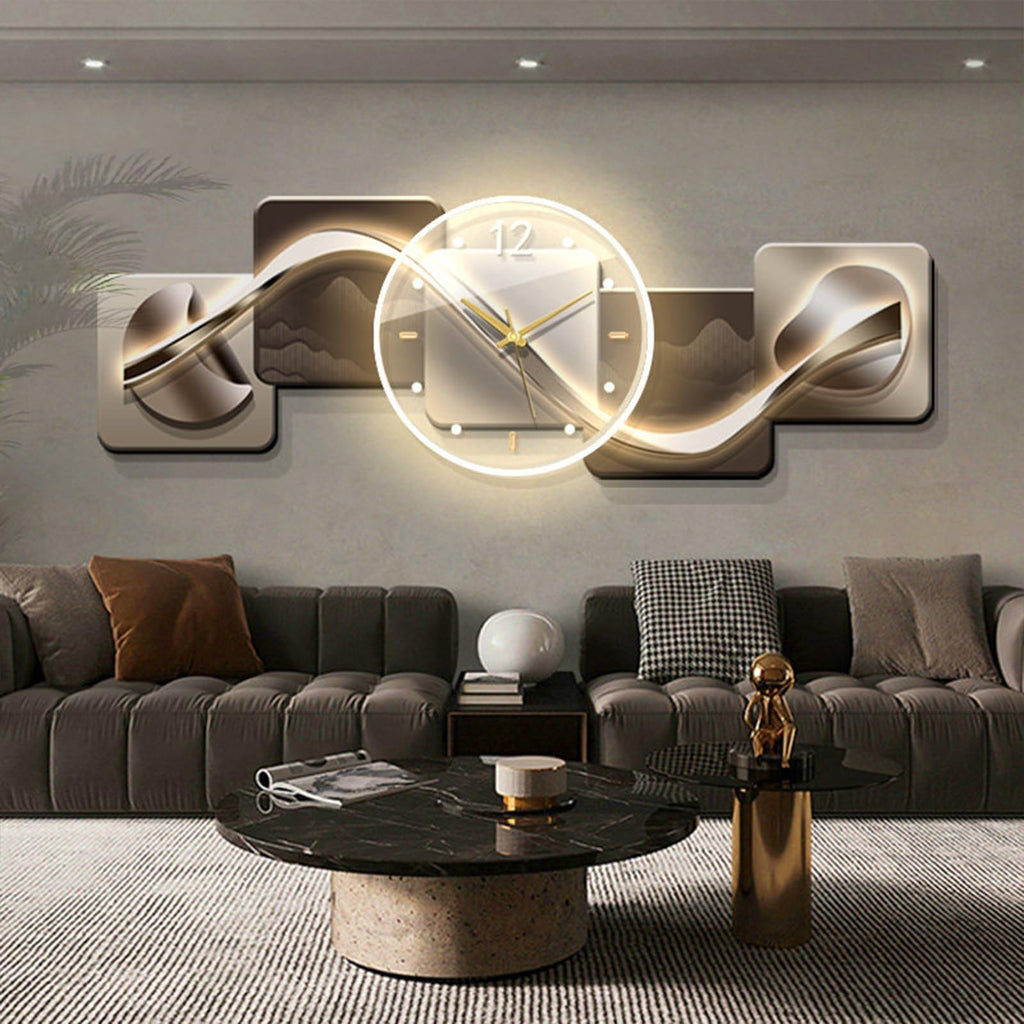 Modern Entrance 3D Wall Art Clock with Light,Crystal Porcelain Wall Art with Lights,Large 3D Creative Decorative Clock,for Office, Home, Bathroom, Kitchen, Bedroom(Silver 1,59 * 19.6in)
