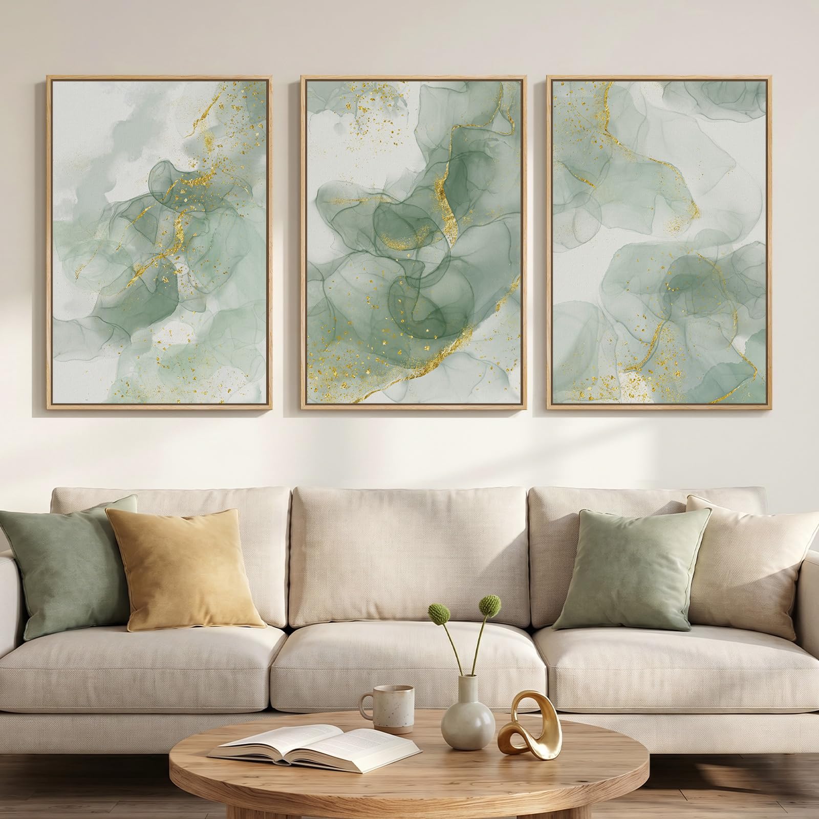 Large Framed Modern Elegant Abstract Wall Art for Living Room, 3 Piece Contemporary Blue and Gold Bright Prints Paintings Artwork for Walls, Luxury Pictures for Hallway Home Office Wall Decor 24x36 In
