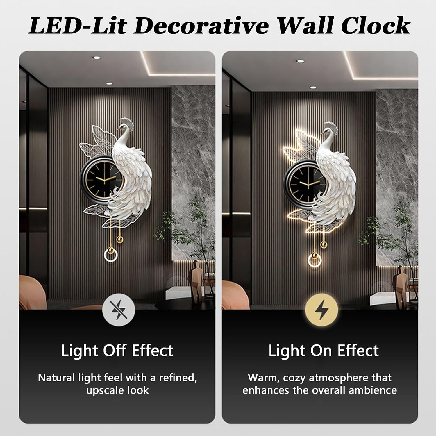 3D Peacock-Shaped Entryway Decorative Wall Clock with LED Light,Creative Wall Hanging Painting Modern,Silent Non Ticking,for Living Room Bedroom Dining Room(White A,19.7 * 39.4")