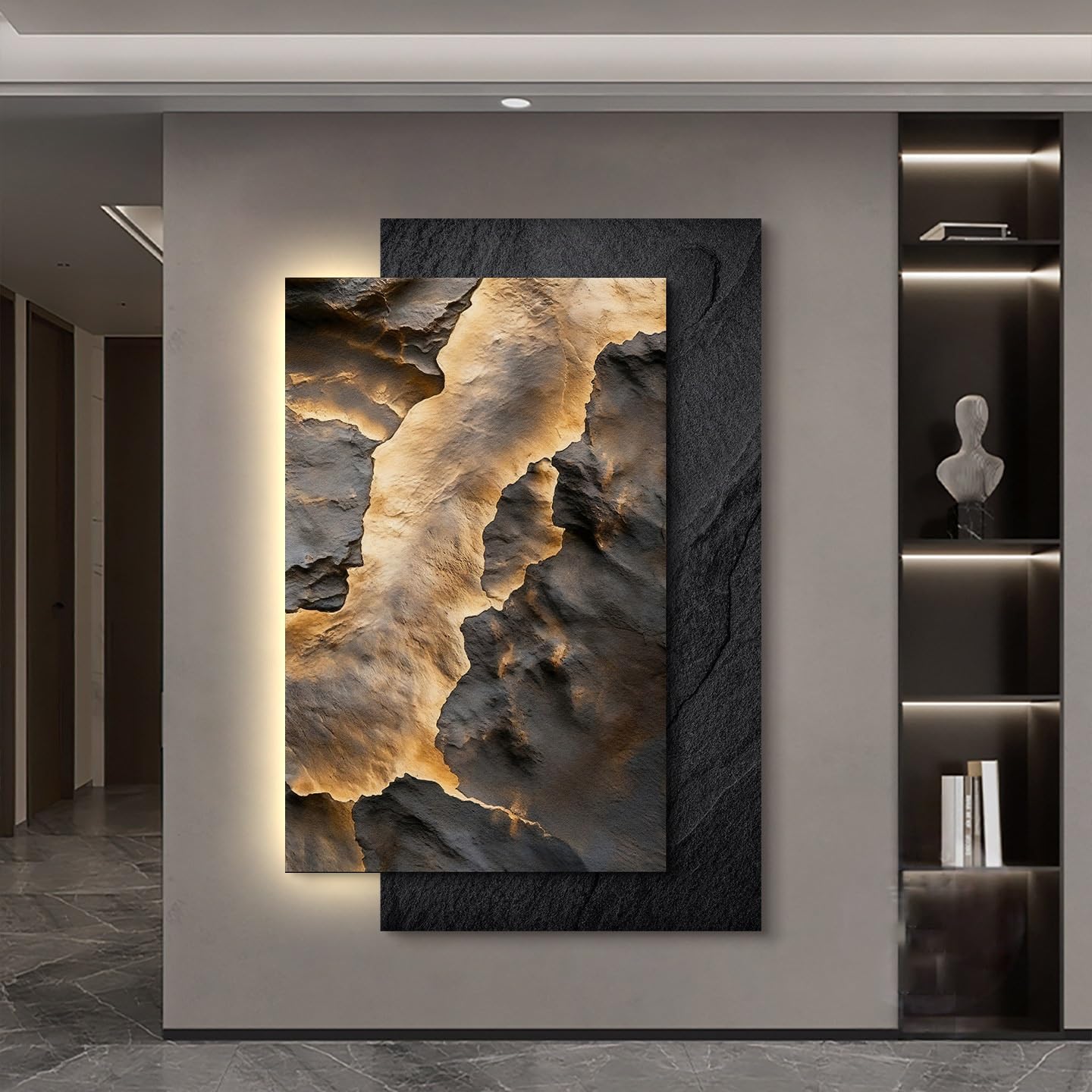 SFJATTA Modern Wall Art with Remote Control, UV Carved Crystal Porcelain Decorative Painting with Warm LED Light, Gold Flow Texture Landscape Wall Decor for Living Room Bedroom(Gray,31.5 * 18.9in)