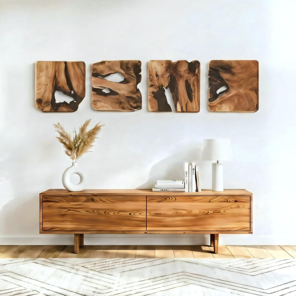BOTALEGRE 4-Piece Cedar Wood Wall Art Set, Rustic Abstract Wall Decor for Home