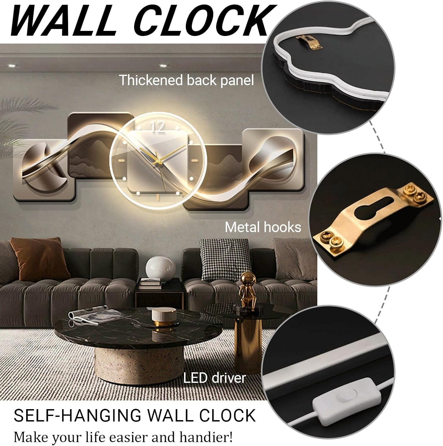 Modern Entrance 3D Wall Art Clock with Light,Crystal Porcelain Wall Art with Lights,Large 3D Creative Decorative Clock,for Office, Home, Bathroom, Kitchen, Bedroom(Silver 1,59 * 19.6in)