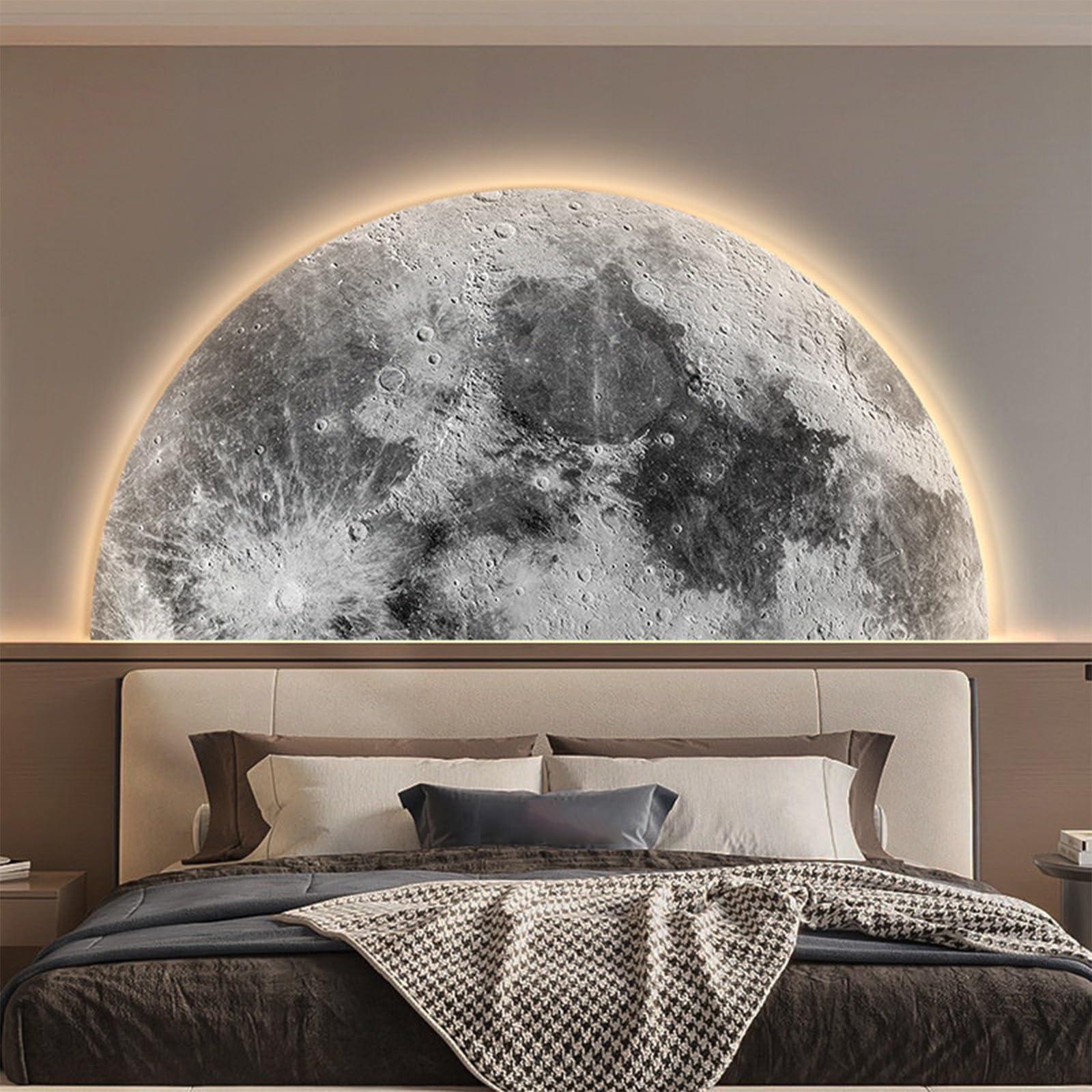 TeHWiEEphs Modern 3D Textured Moon Round 3D LED Wall Art with Remote Control Dimmable Lighting, Elegant Crystal Porcelain Decor for Living Room, Bedroom, Entryway & Accent Walls(S,47.24x23.62in)