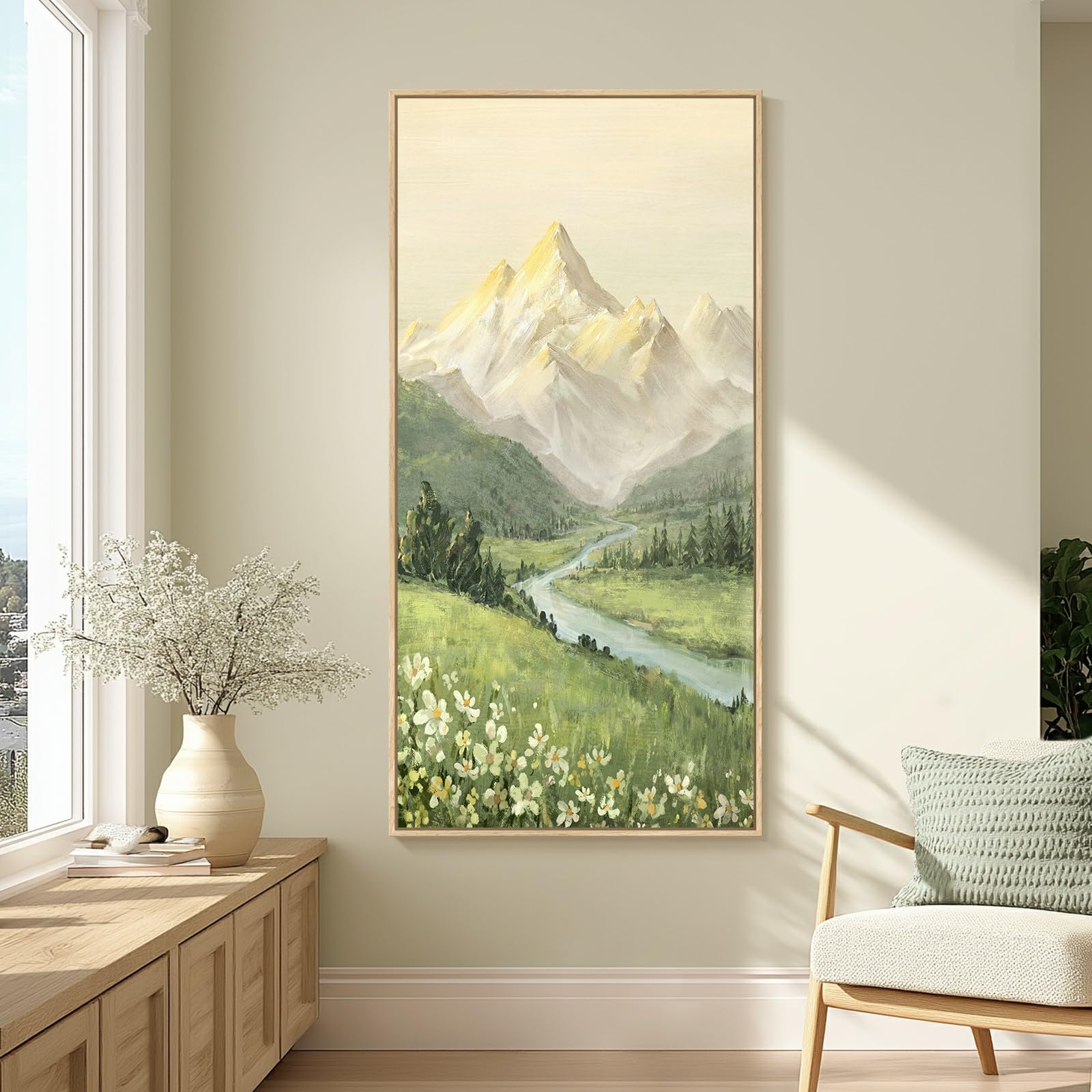 Framed Large Modern Mountain Wall Art for Living Room, Vertical Gold Bright Style Artwork for Walls, Luxury Landscape Scenery Painting Print for Entryway Hallway Stair Home Office Wall Decor, 30x60 In