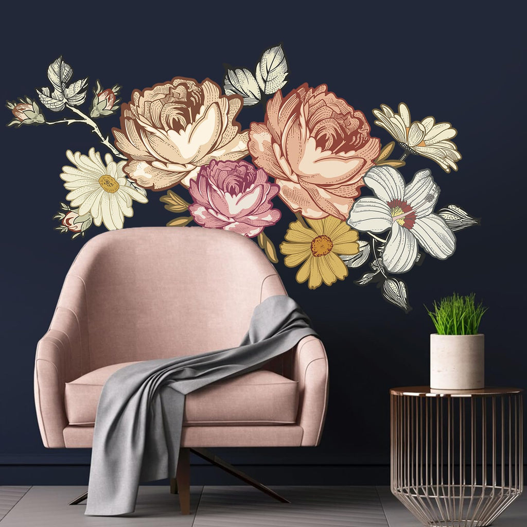 Romantic White Peony Wall Decals, Large Flower Vinyl Wall Art for Nursery & Wedding Decor, Botanical Stickers for Bedroom, Blush Floral Decal