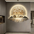 SHYJSGHZ Dimmable 3D LED Wall Art Decor, Golden Money Tree & Mountain Landscape Wall Sculpture, Modern Lighted Picture for Living Room, Entryway, Foyer(F,29.5x25.6in)