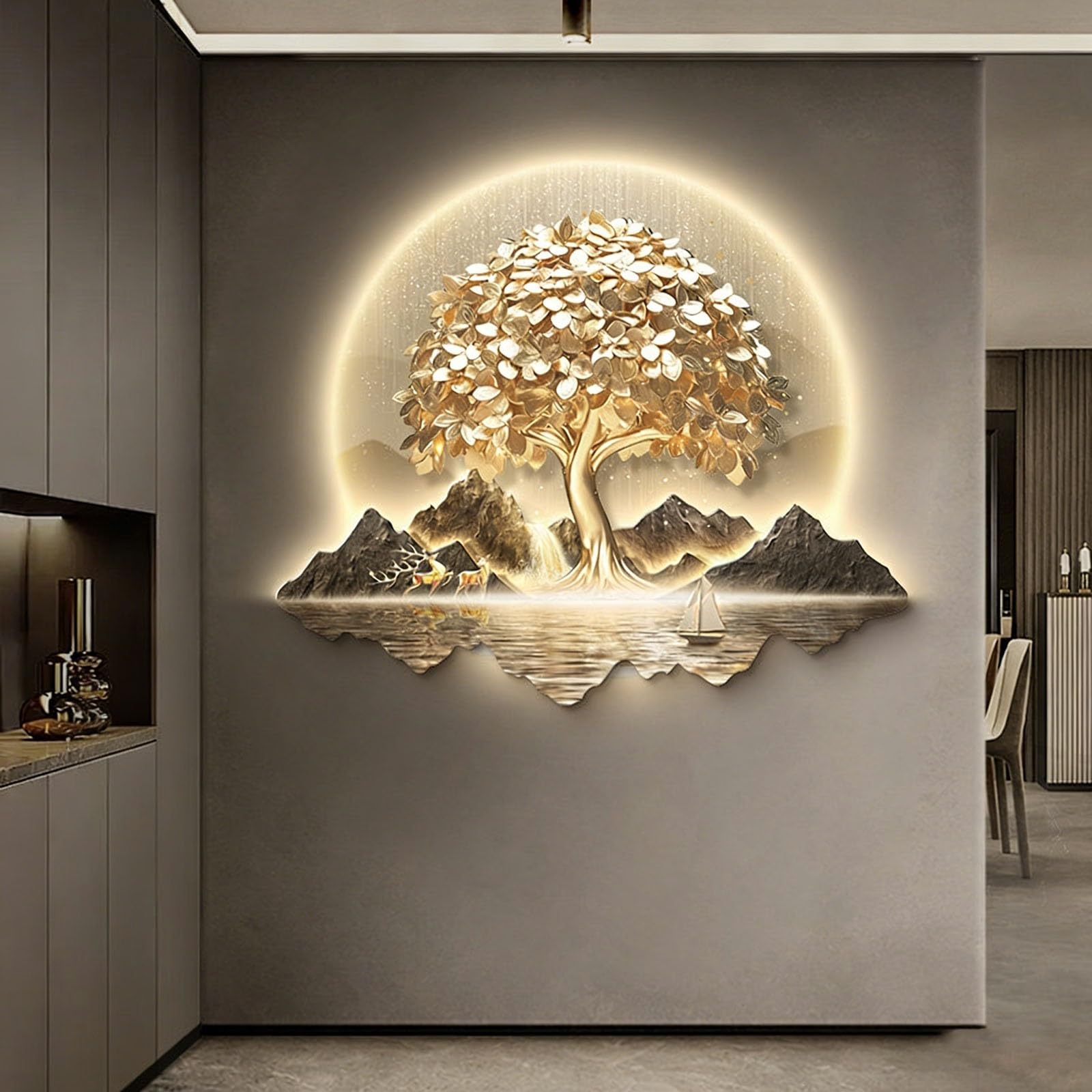 SHYJSGHZ Dimmable 3D LED Wall Art Decor, Golden Money Tree & Mountain Landscape Wall Sculpture, Modern Lighted Picture for Living Room, Entryway, Foyer(F,29.5x25.6in)