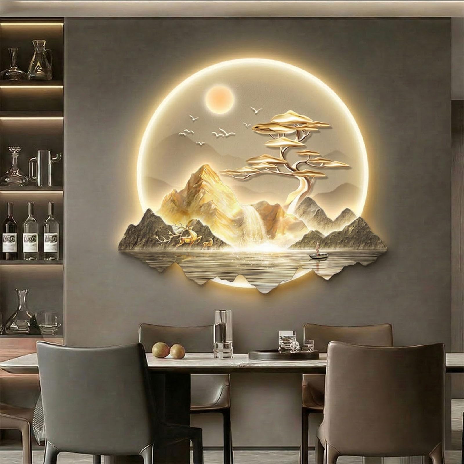 SHYJSGHZ Dimmable 3D LED Wall Art Decor, Golden Money Tree & Mountain Landscape Wall Sculpture, Modern Lighted Picture for Living Room, Entryway, Foyer(F,29.5x25.6in)