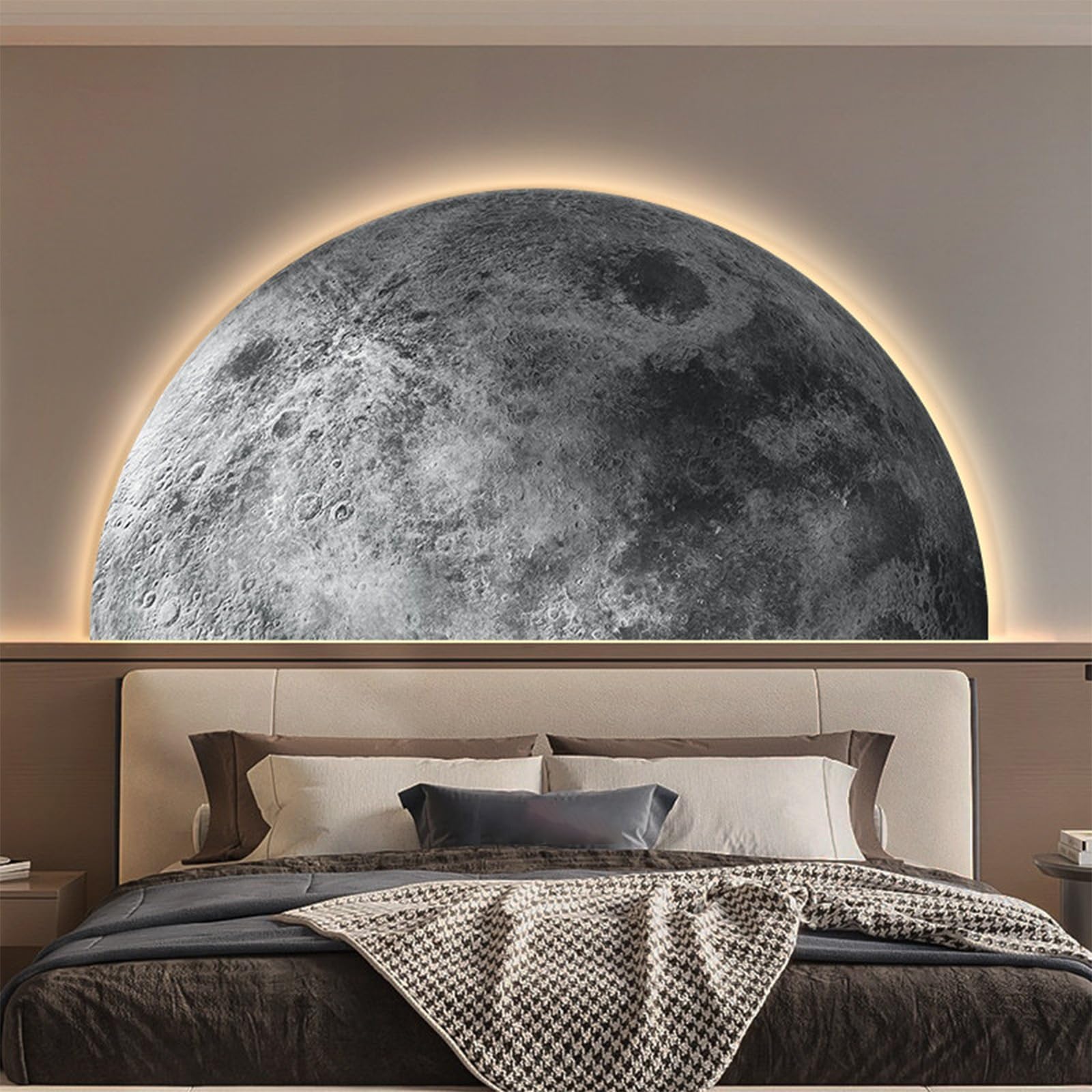 TeHWiEEphs Modern 3D Textured Moon Round 3D LED Wall Art with Remote Control Dimmable Lighting, Elegant Crystal Porcelain Decor for Living Room, Bedroom, Entryway & Accent Walls(S,47.24x23.62in)