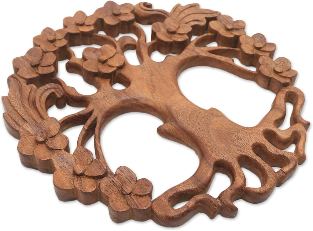 NOVICA Artisan Handmade Wood Relief Panel Circular Treethemed Suar from Bali Brown Indonesia Wall Decor Panels Nature Floral Balinese Traditional Carvings [11.75in L x 11.75in W x 0.8in D] ' Tree of