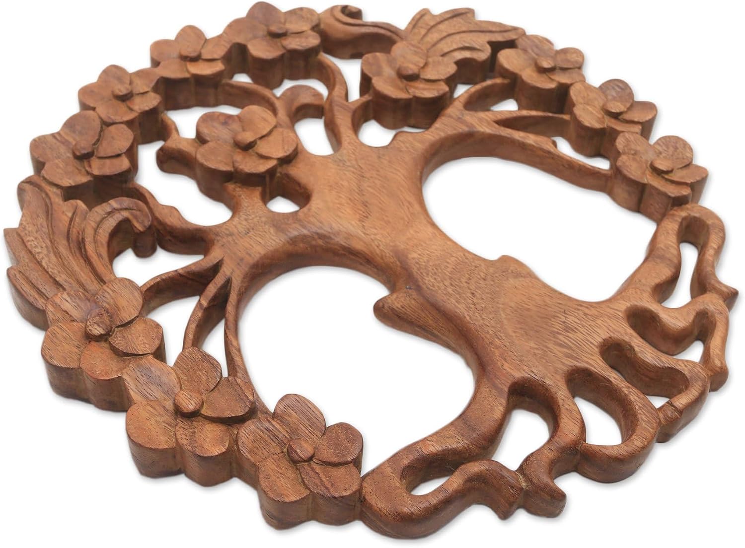 NOVICA Artisan Handmade Wood Relief Panel Circular Treethemed Suar from Bali Brown Indonesia Wall Decor Panels Nature Floral Balinese Traditional Carvings [11.75in L x 11.75in W x 0.8in D] ' Tree of