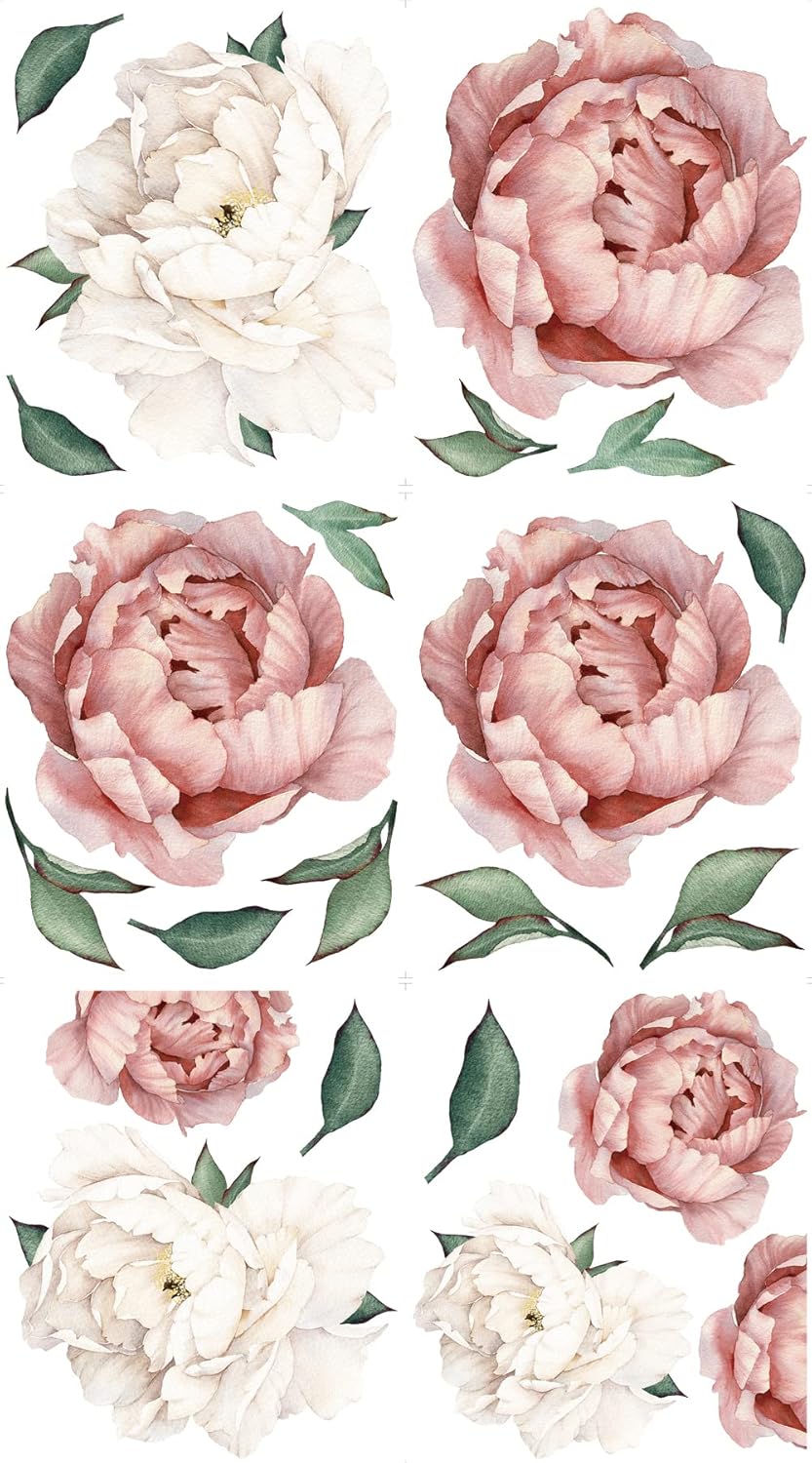 Wonder Space Jumbo Peony Watercolor Wall Decals - Large Size Peonies Flowers Leaves Room Wall Stickers - Scandinavian Design - Beige/White - Matte Opaque Version