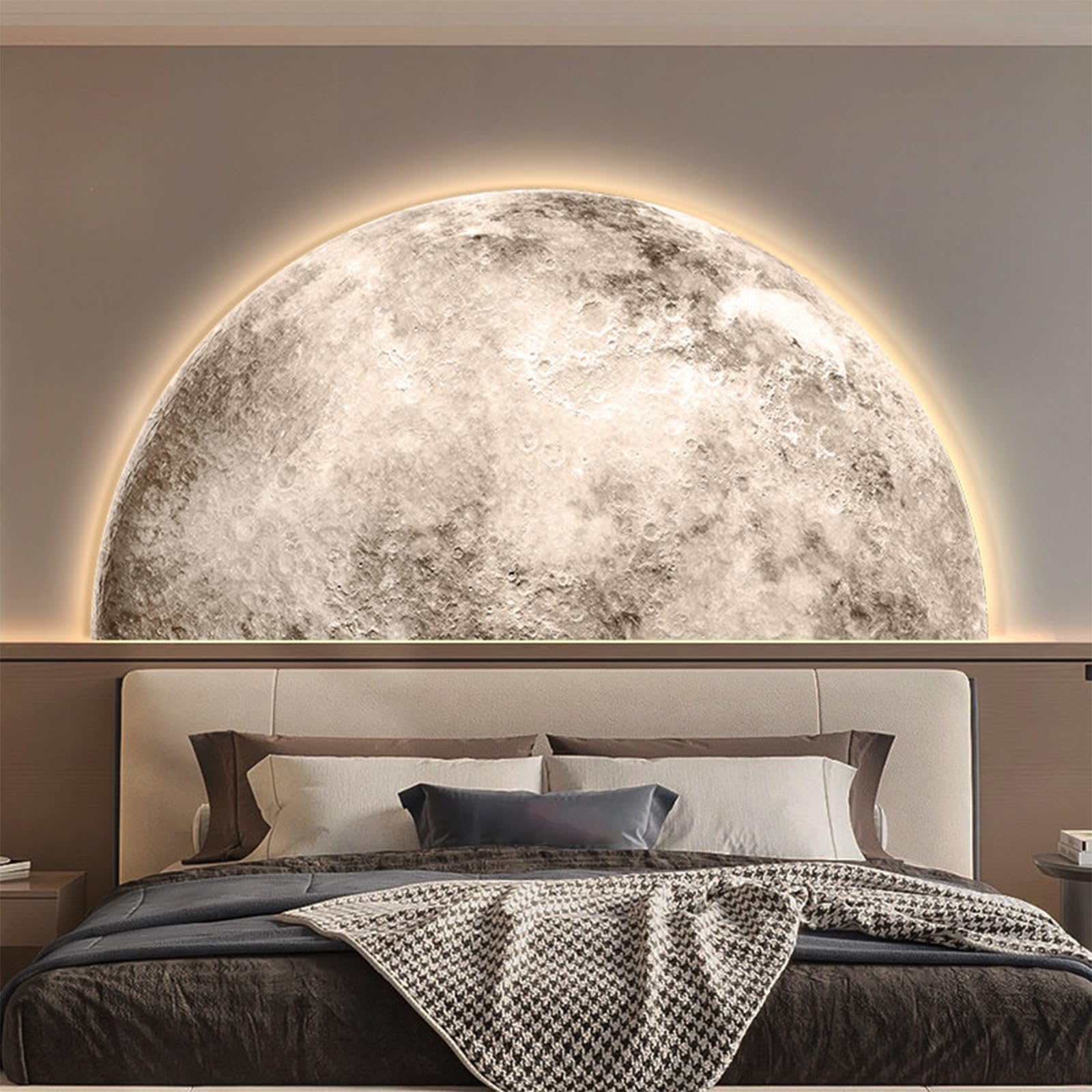 TeHWiEEphs Modern 3D Textured Moon Round 3D LED Wall Art with Remote Control Dimmable Lighting, Elegant Crystal Porcelain Decor for Living Room, Bedroom, Entryway & Accent Walls(S,47.24x23.62in)