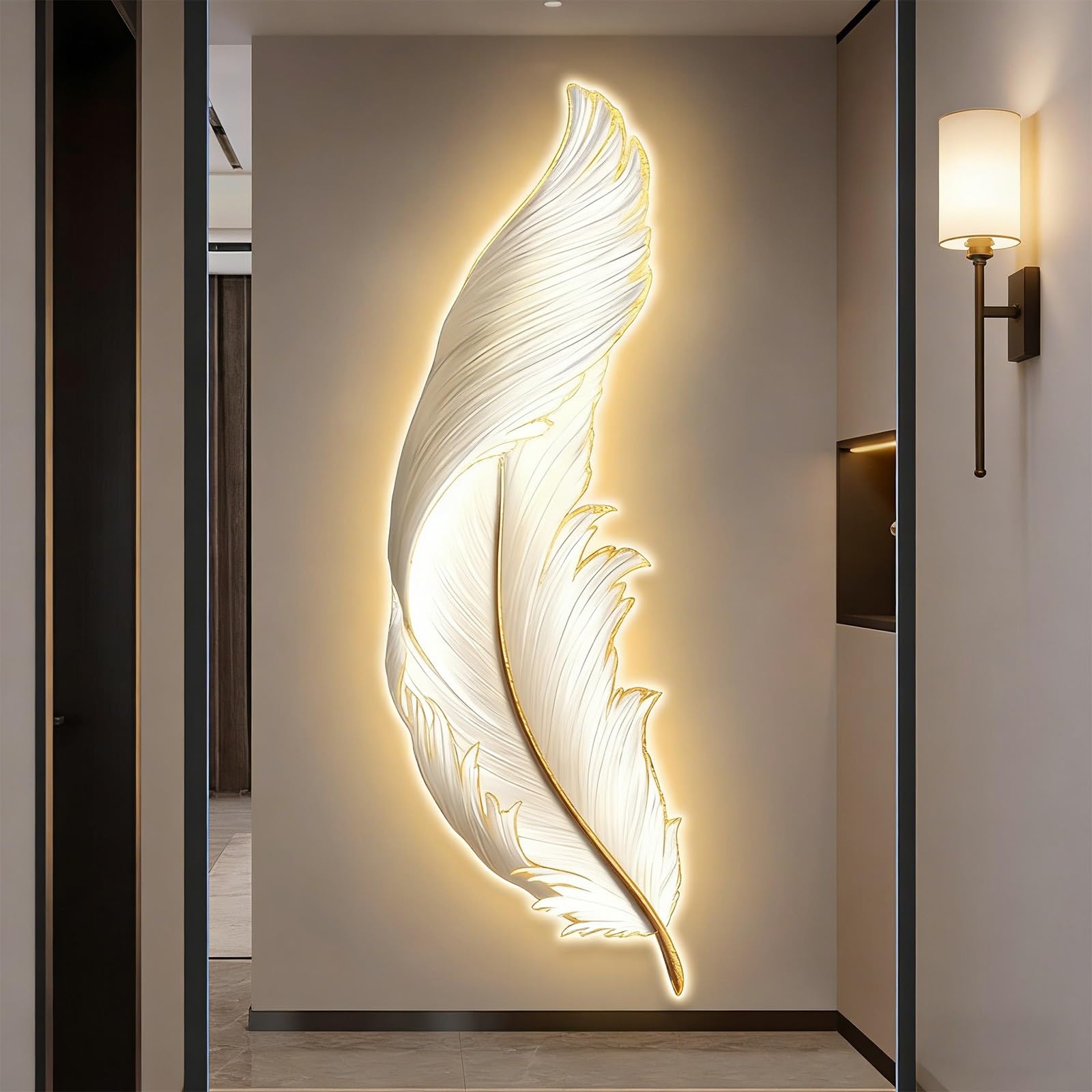 wihgony 3D Feather LED Wall Art with Plug-in Lighting, Modern Luxury Wall Decor for Entryway, Living Room & Bedroom(A,42x80cm/16.5x31.5in)