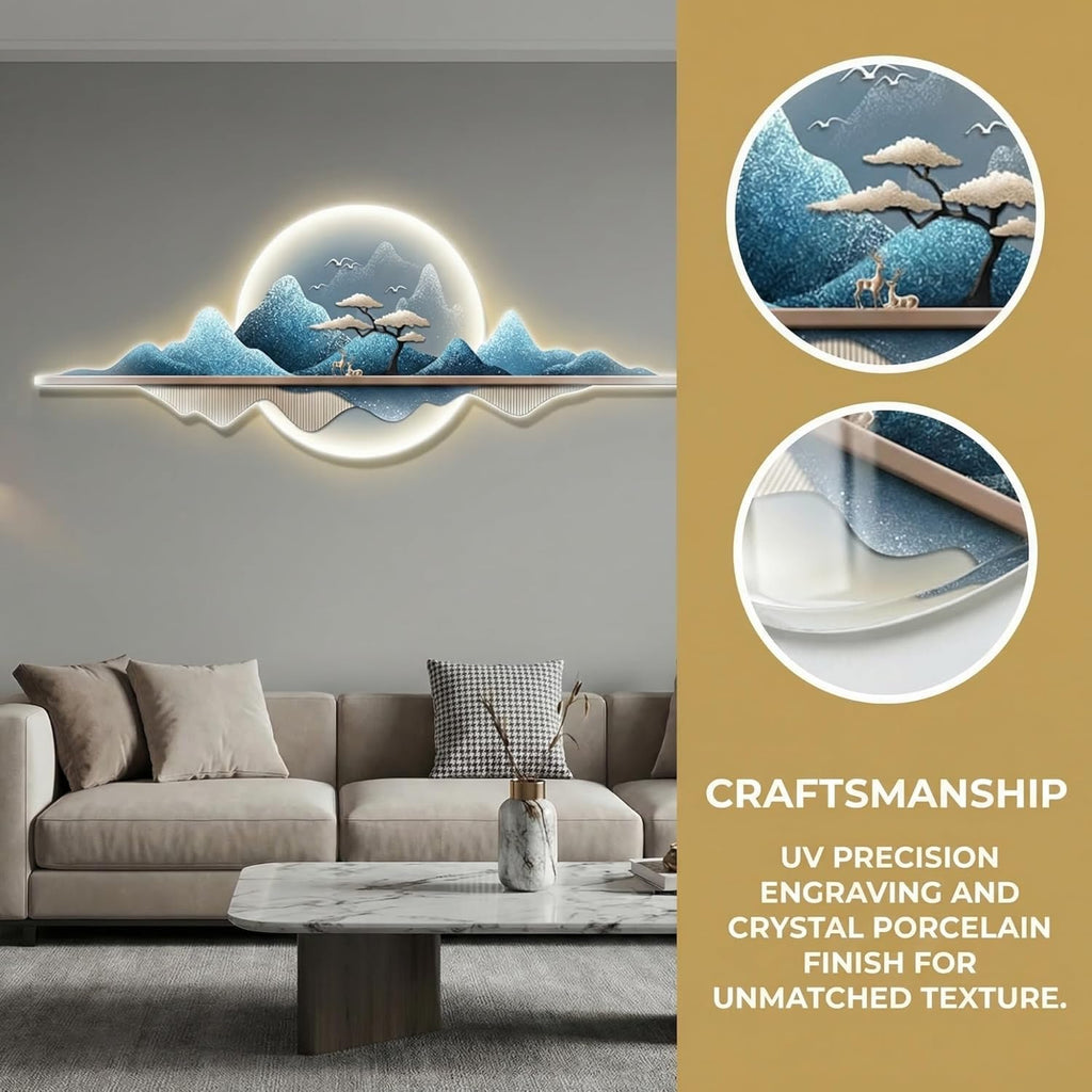 wihgony 3D LED Mountain Wall Art, Modern Luxury Chinese Style Wall Decor, Crystal Porcelain Frameless 3D Wall Sculpture with LED Light for Living Room Bedroom(E,150 * 50cm/59.1 * 19.7in)