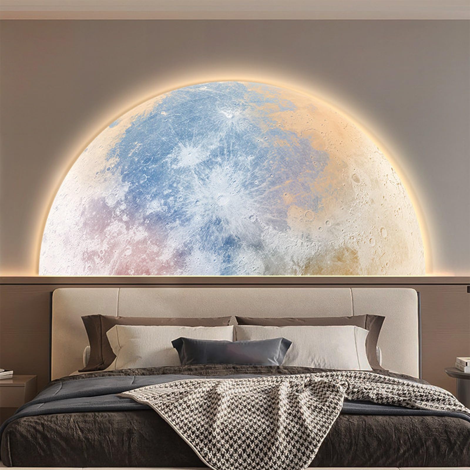 TeHWiEEphs Modern 3D Textured Moon Round 3D LED Wall Art with Remote Control Dimmable Lighting, Elegant Crystal Porcelain Decor for Living Room, Bedroom, Entryway & Accent Walls(S,47.24x23.62in)