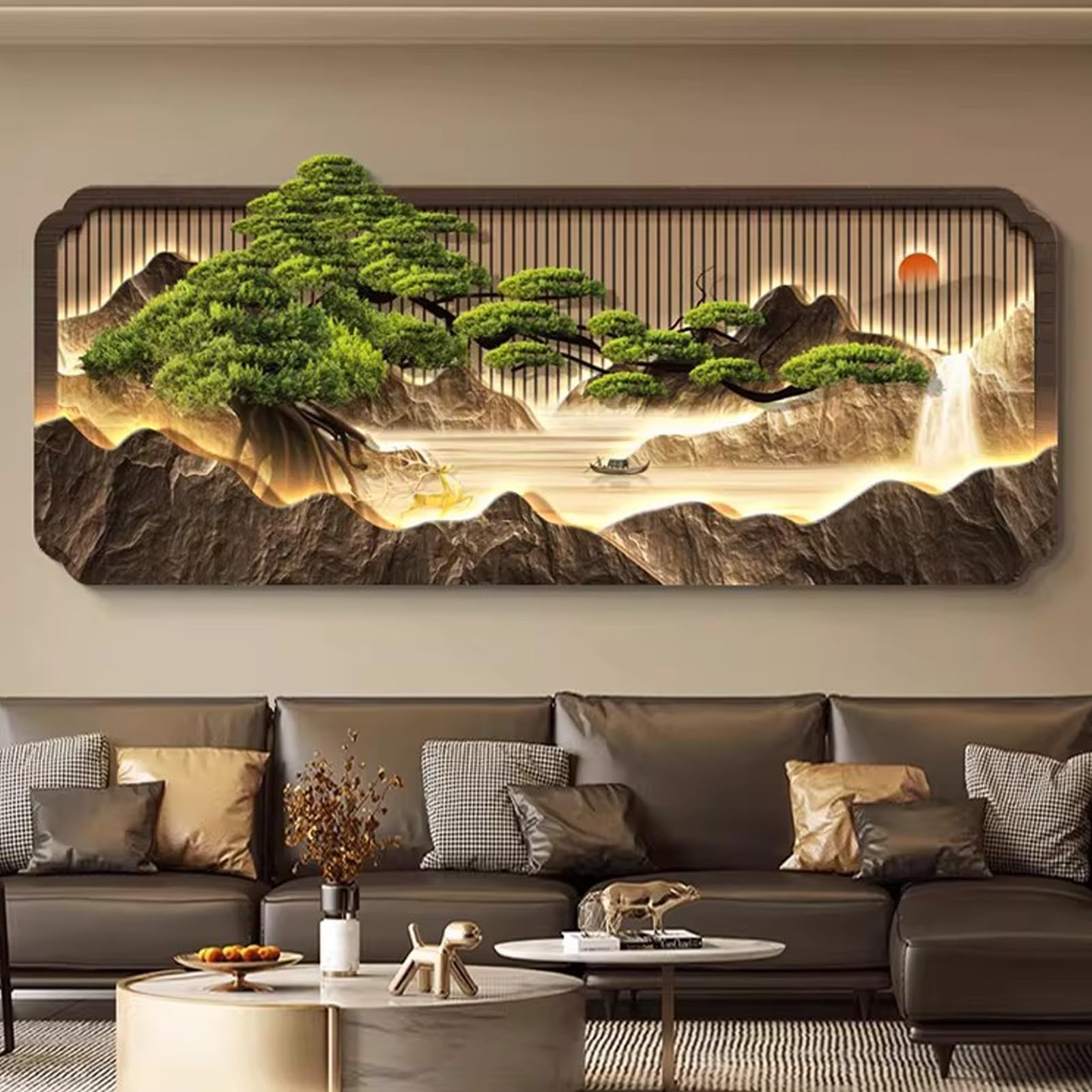 35.4×15.2in Chinese Landscape 3D LED Crystal Porcelain Wall Art
