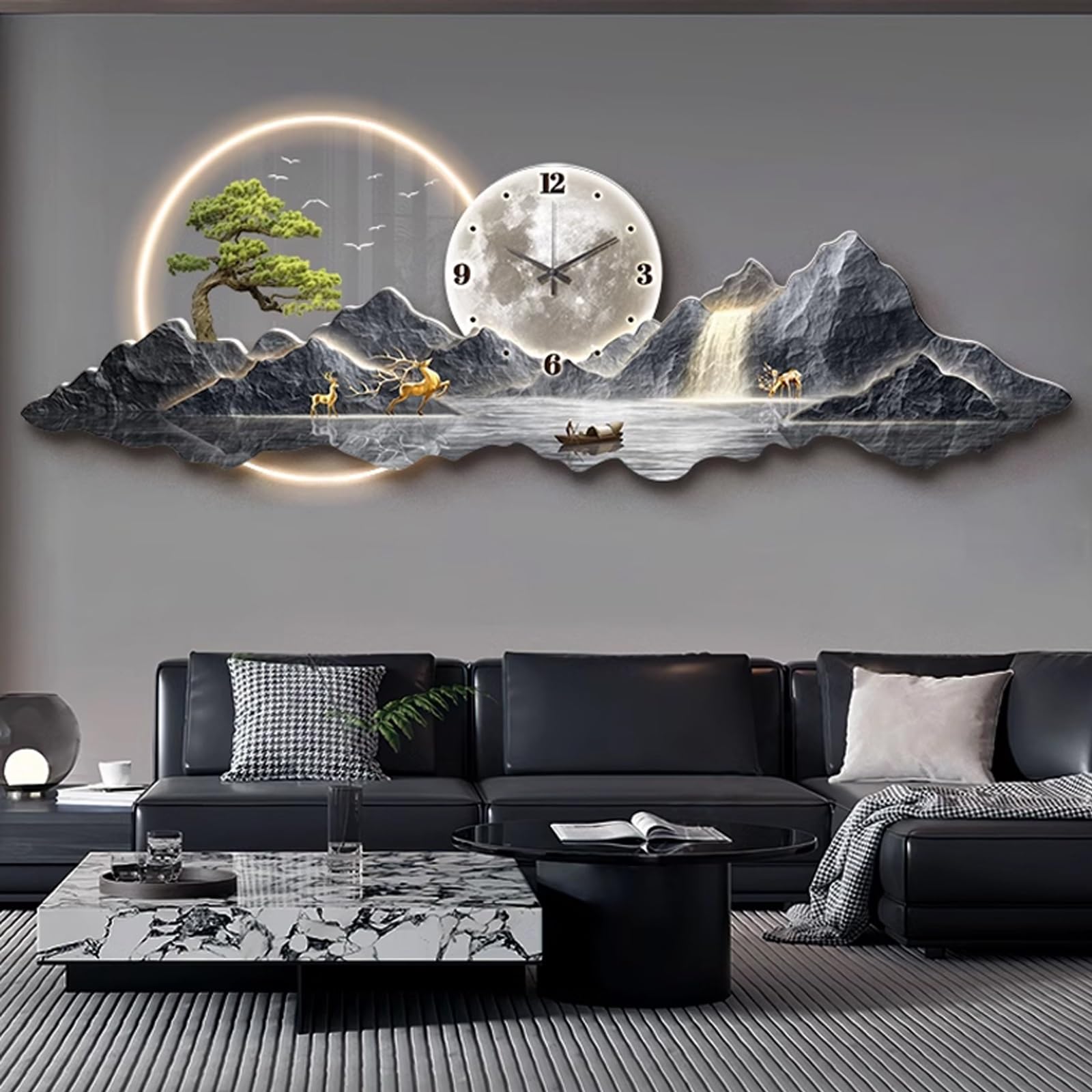 3D Wall Art Clock Decor with LED Light,Plug-in Power Illuminated Mountain Landscape Wall Decorative,Fake Tree Moon,Acrylic Crystal Porcelain Craft for Living Room(D,35 * 100CM/13.8 * 39.7IN)