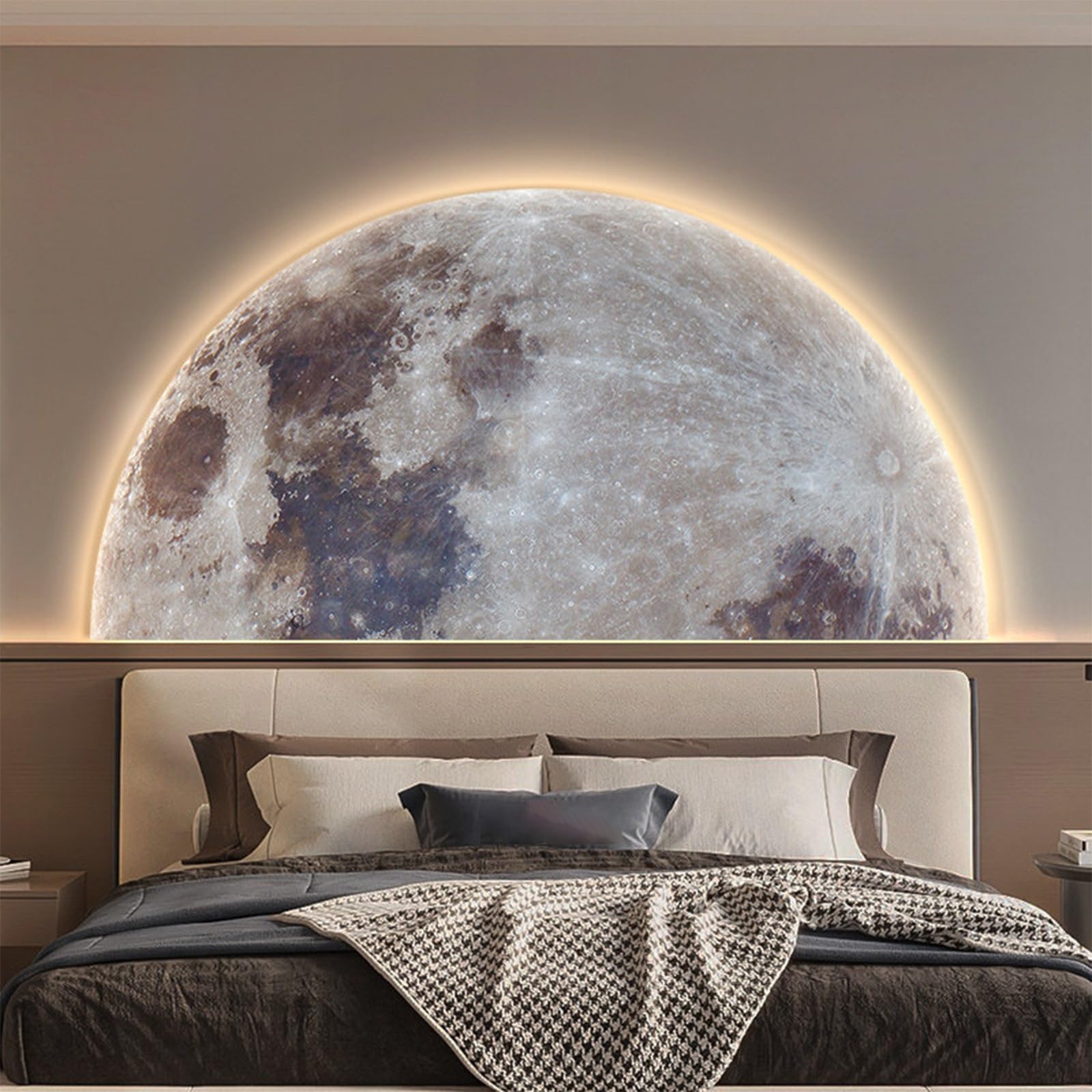 TeHWiEEphs Modern 3D Textured Moon Round 3D LED Wall Art with Remote Control Dimmable Lighting, Elegant Crystal Porcelain Decor for Living Room, Bedroom, Entryway & Accent Walls(S,47.24x23.62in)