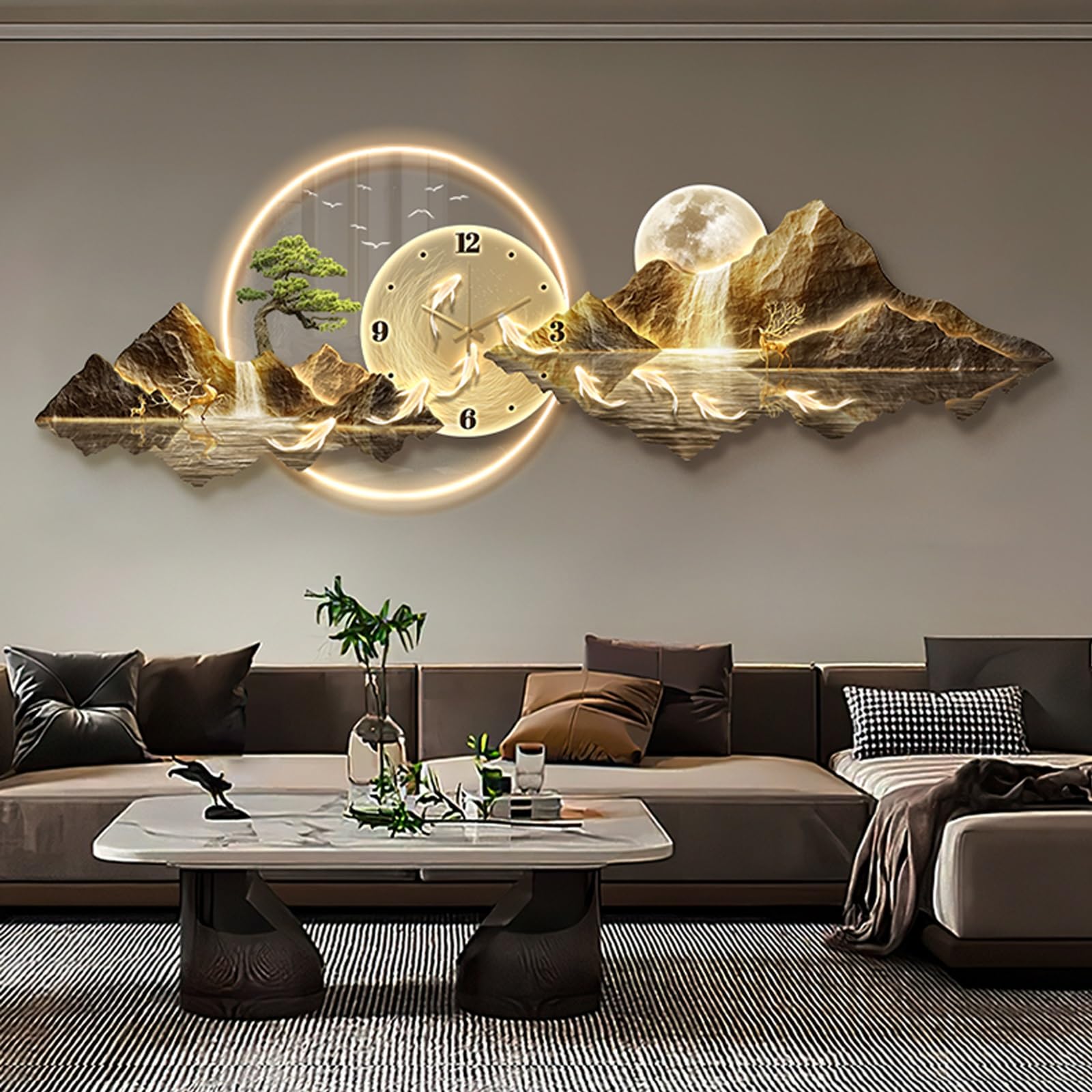 3D Wall Art Clock Decor with LED Light,Plug-in Power Illuminated Mountain Landscape Wall Decorative,Fake Tree Moon,Acrylic Crystal Porcelain Craft for Living Room(D,35 * 100CM/13.8 * 39.7IN)
