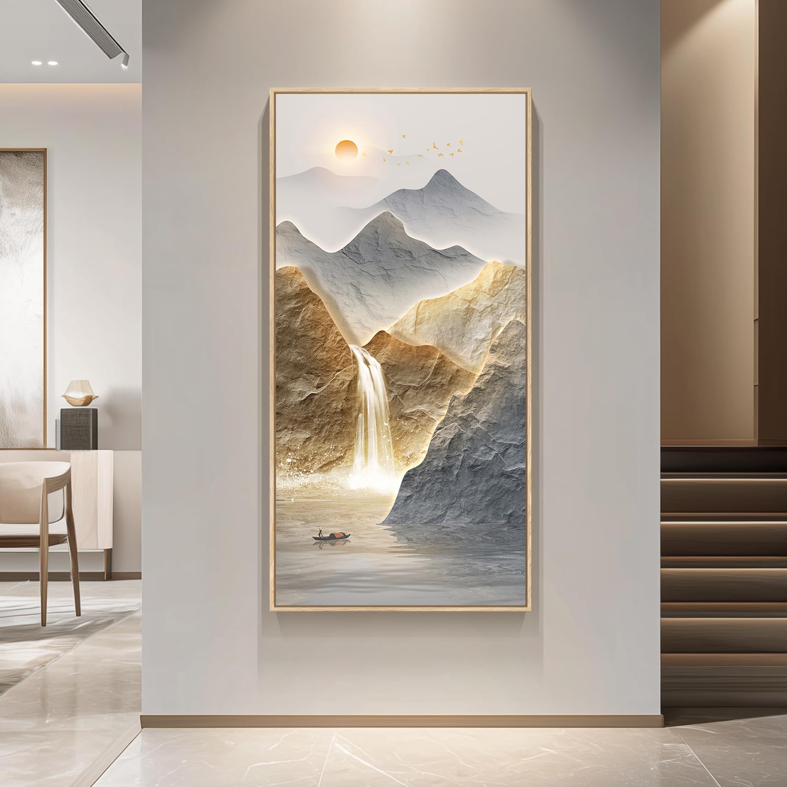 Framed Large Modern Mountain Wall Art for Living Room, Vertical Gold Bright Style Artwork for Walls, Luxury Landscape Scenery Painting Print for Entryway Hallway Stair Home Office Wall Decor, 30x60 In