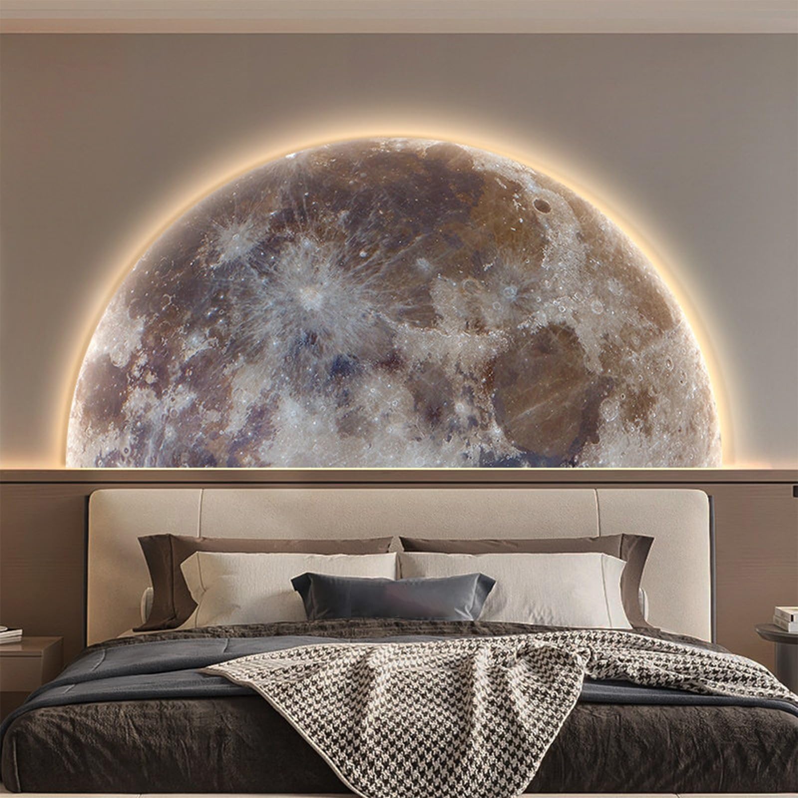 TeHWiEEphs Modern 3D Textured Moon Round 3D LED Wall Art with Remote Control Dimmable Lighting, Elegant Crystal Porcelain Decor for Living Room, Bedroom, Entryway & Accent Walls(S,47.24x23.62in)