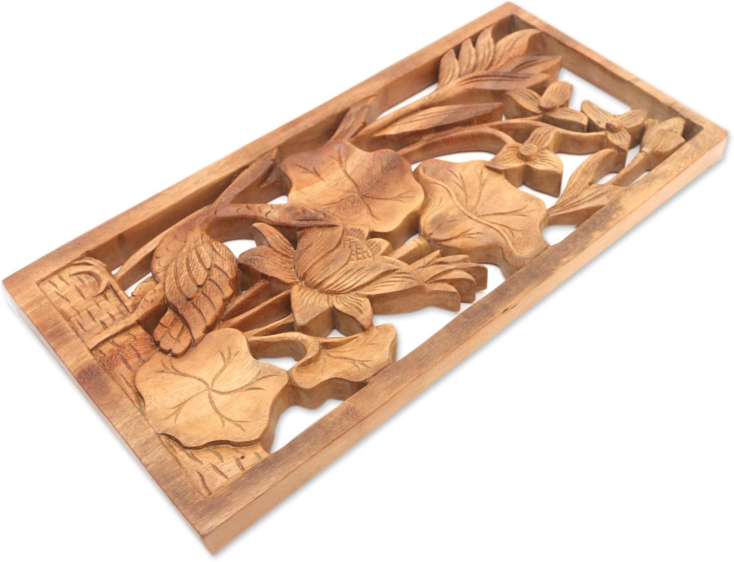 NOVICA Natural Wood Carved Relief Panel Heron and Flower Wall Sculpture, Heron Pond', Brown 7.50" x 15.25"
