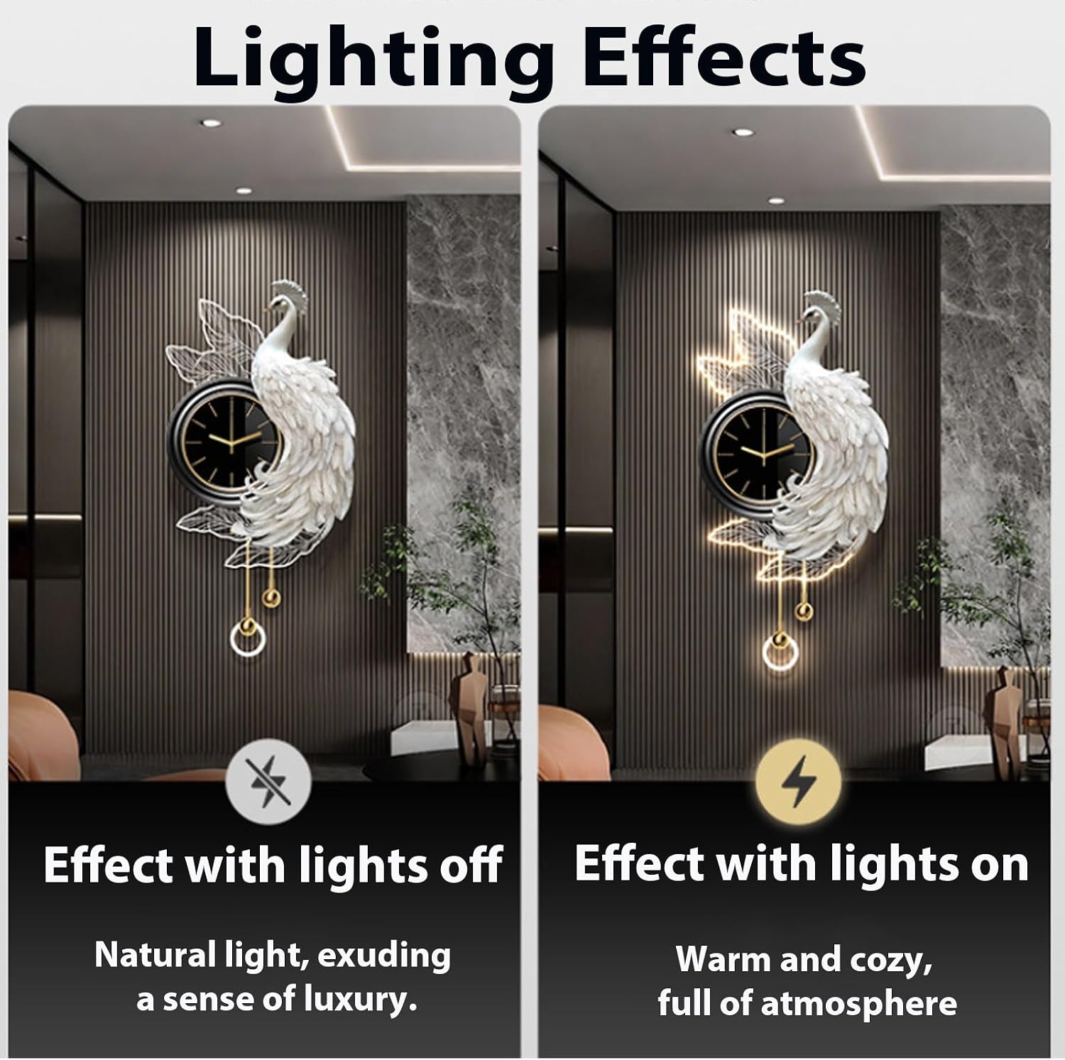 31.4in White Peacock LED Wall Art with Silent Clock Metal Sculpture