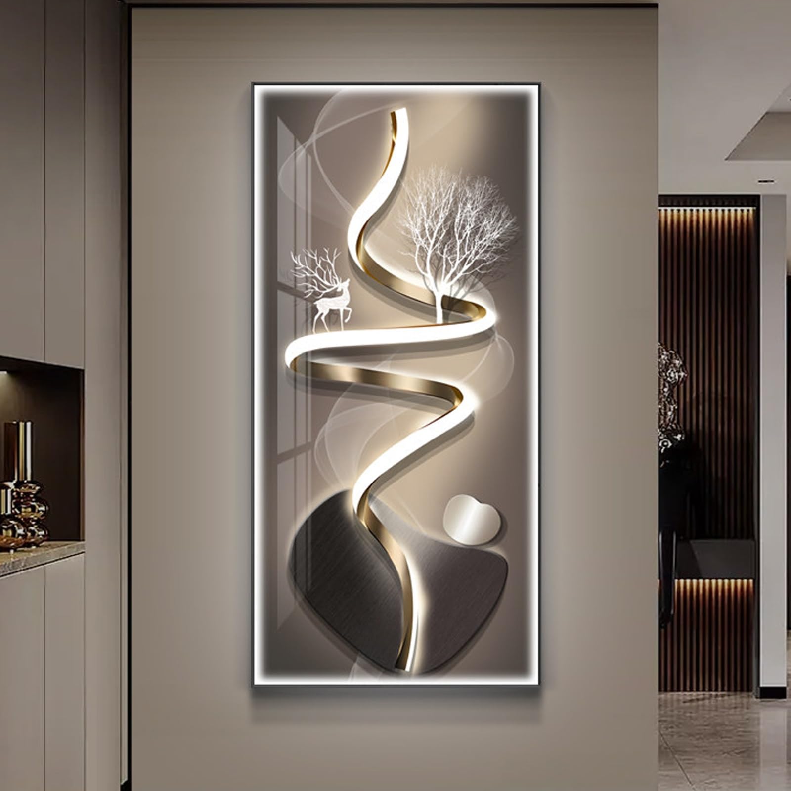 Metal Framed Wall Art, 3D Led Wall Art Painting, Luxury 3D Wall Decor, Large Modern Abstract Vertical Living Room Wall Decor, for Living Room Bedroom Hallway(E,60 * 120cm/23.6 * 47.2in)