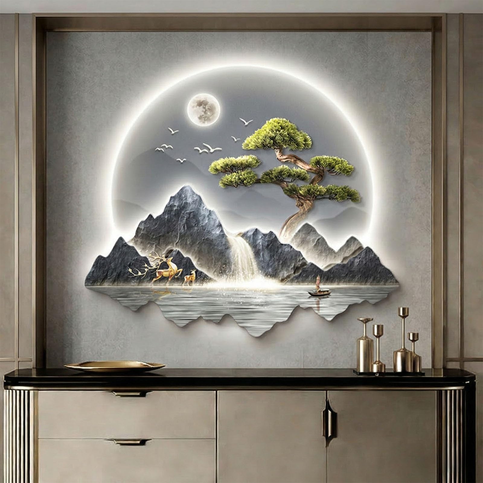 SHYJSGHZ Dimmable 3D LED Wall Art Decor, Golden Money Tree & Mountain Landscape Wall Sculpture, Modern Lighted Picture for Living Room, Entryway, Foyer(F,29.5x25.6in)