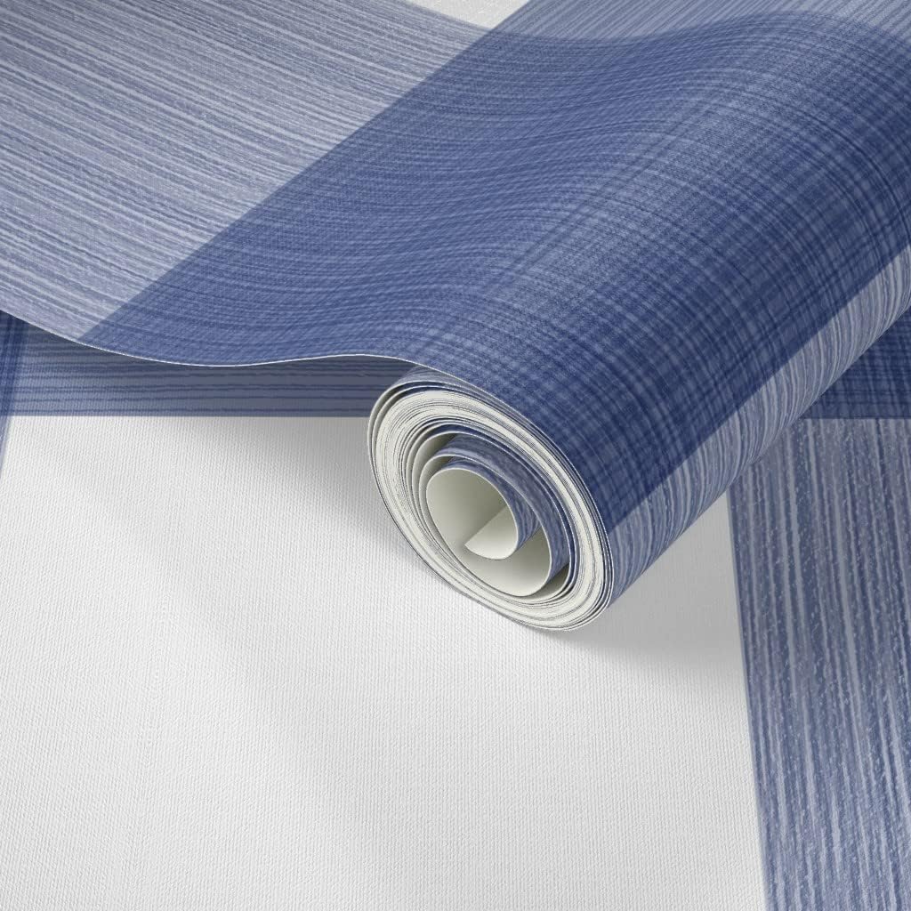 Peel & Stick Wallpaper 12ft x 2ft - Navy Buffalo Plaid Check Gingham Blue White Painted Large Custom Removable Wallpaper by Spoonflower