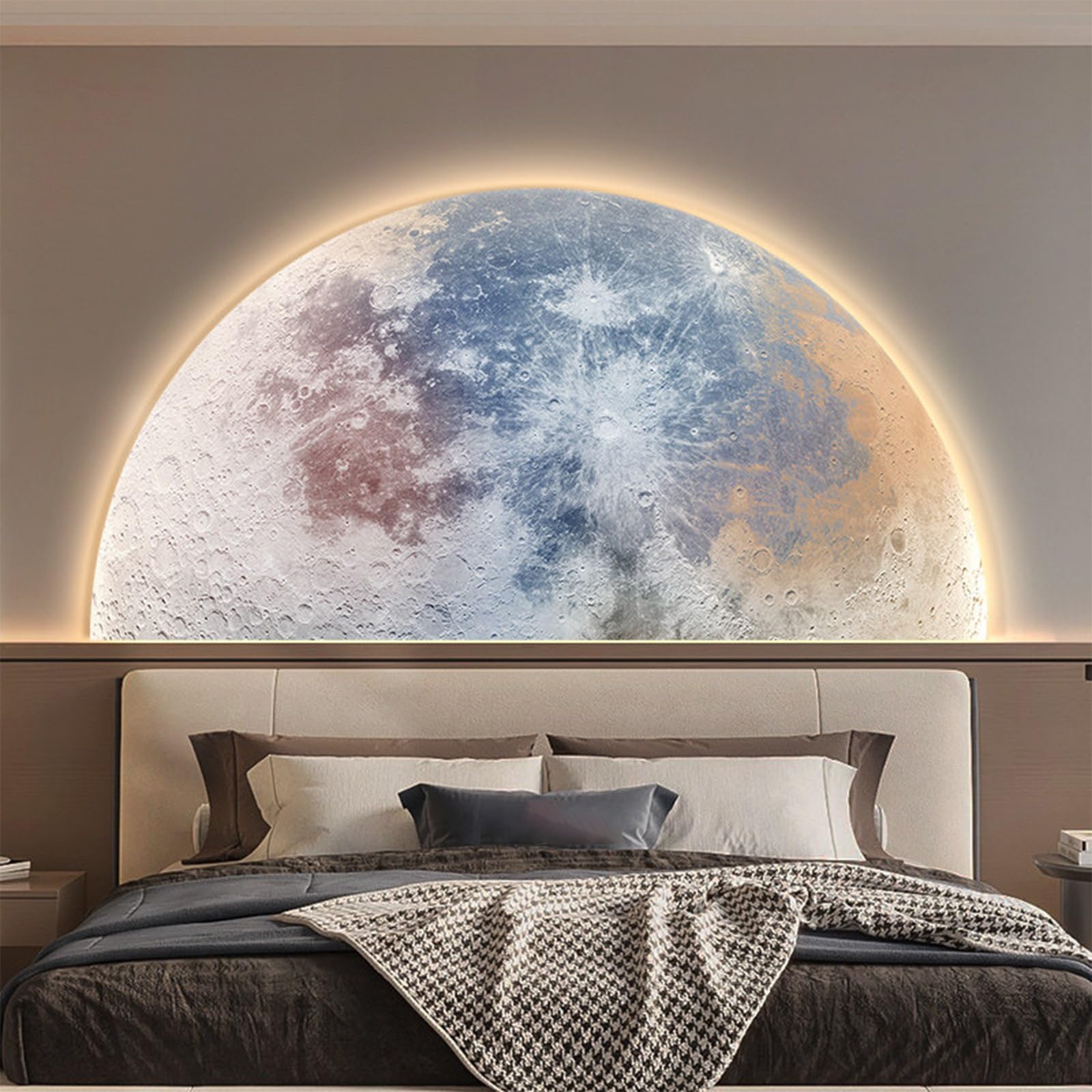 TeHWiEEphs Modern 3D Textured Moon Round 3D LED Wall Art with Remote Control Dimmable Lighting, Elegant Crystal Porcelain Decor for Living Room, Bedroom, Entryway & Accent Walls(S,47.24x23.62in)