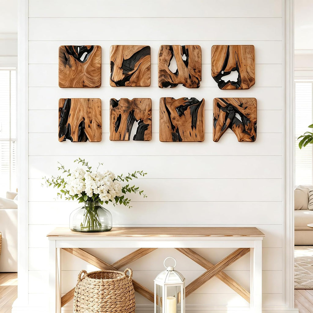 BOTALEGRE 4-Piece Cedar Wood Wall Art Set, Rustic Abstract Wall Decor for Home